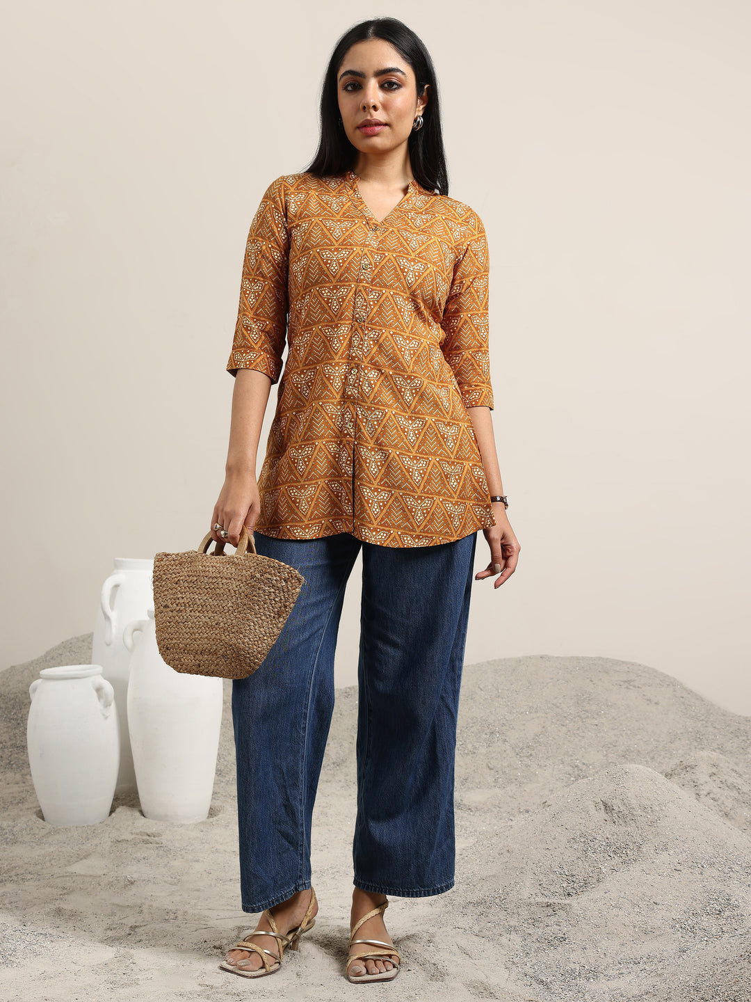 Mustard Printed Rayon Straight Kurti