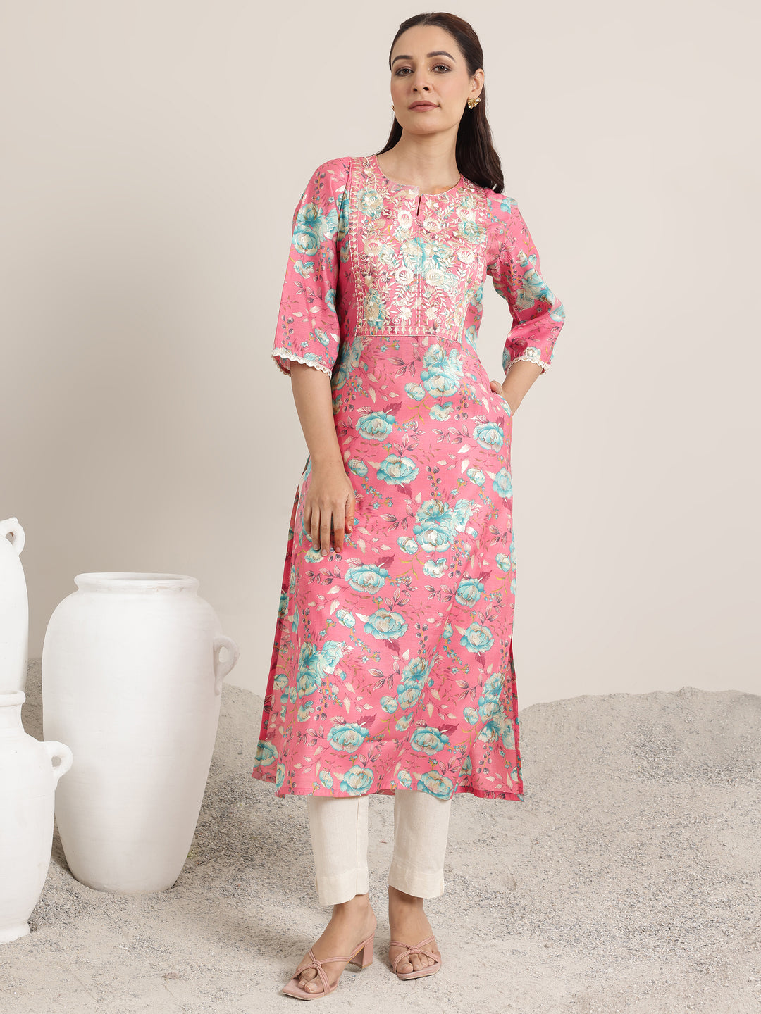 Pink Printed Silk Blend Straight Kurta