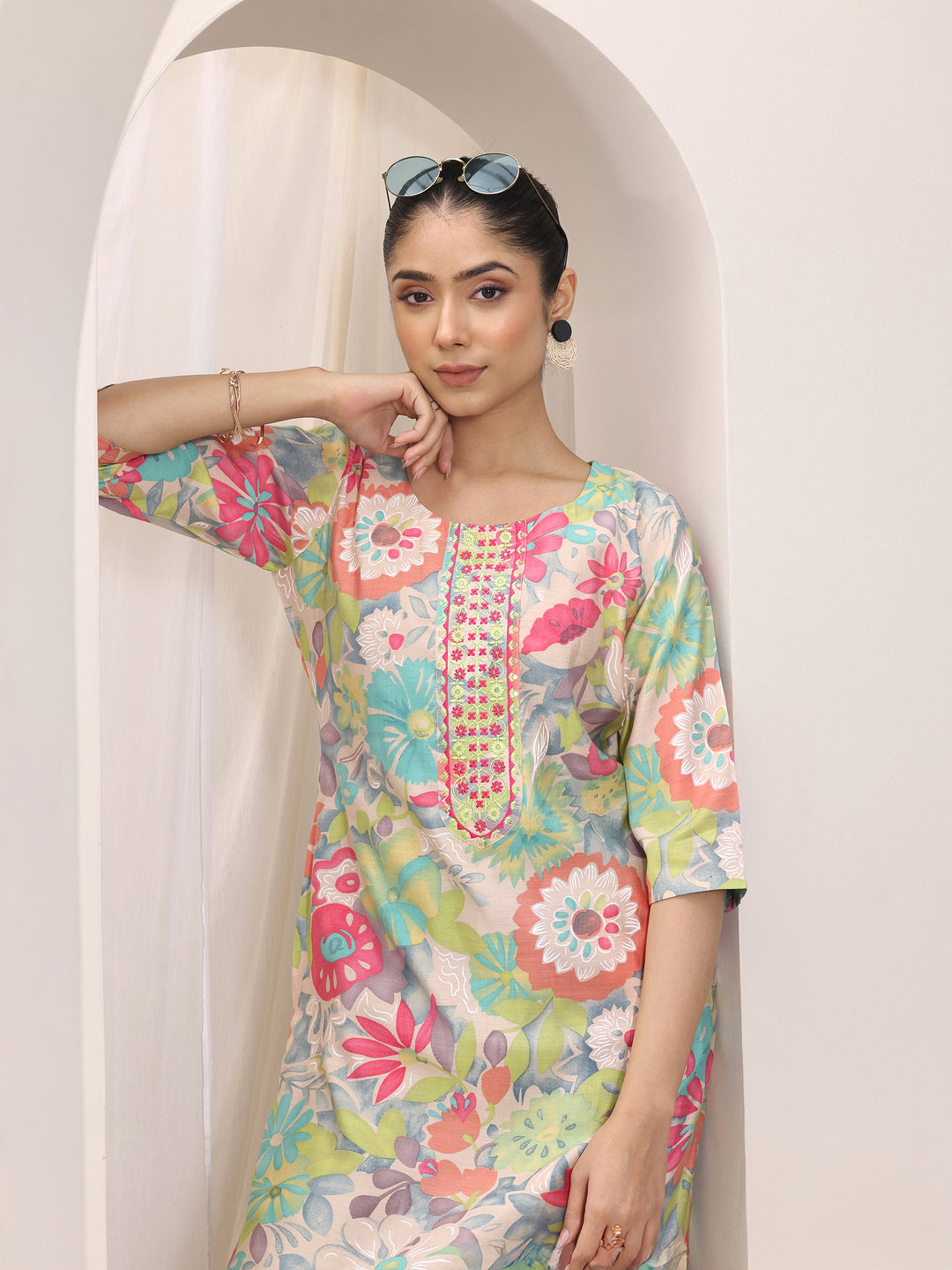 Multi Printed Silk Blend Straight Kurta