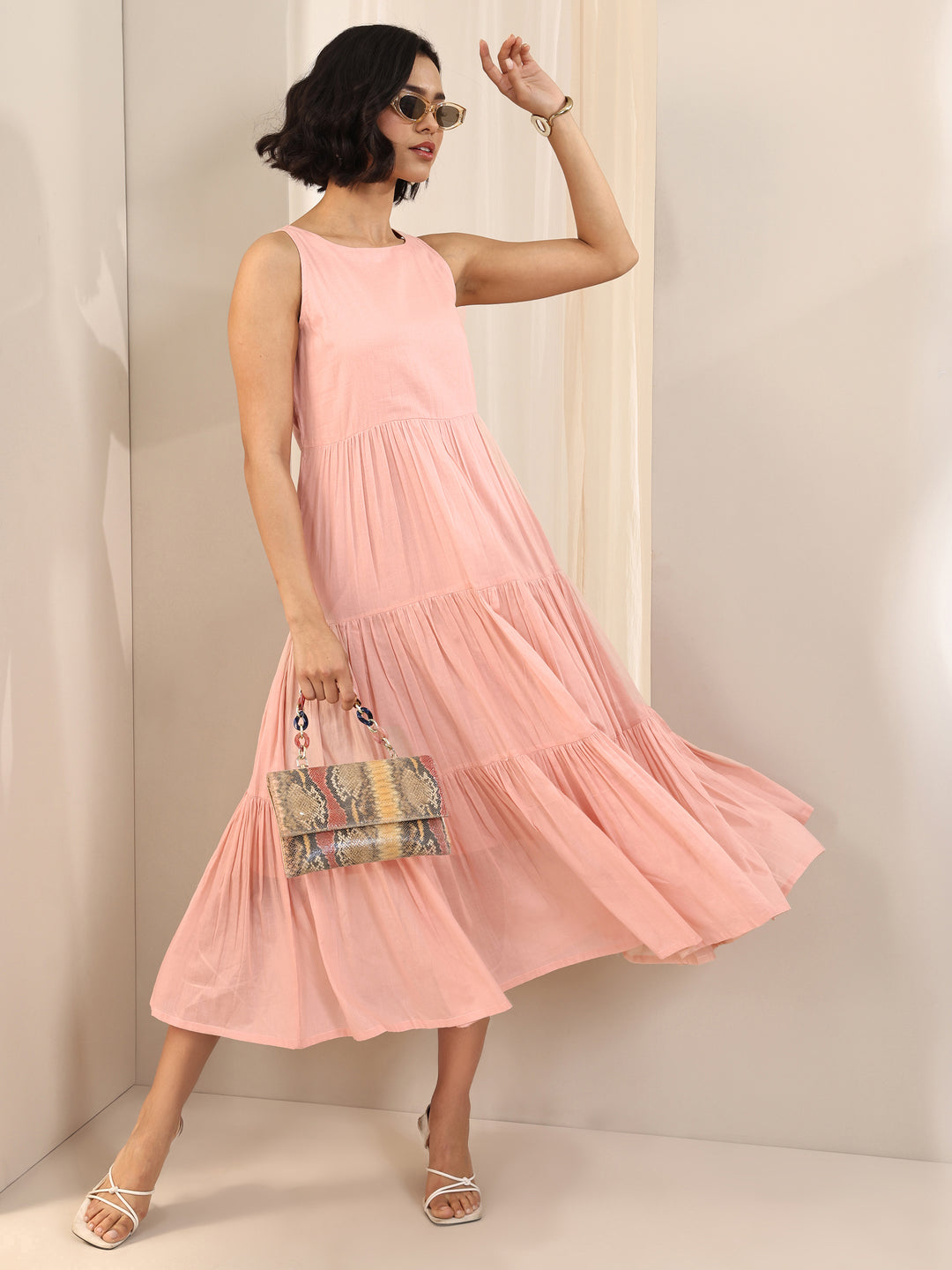 Peach Solid Cotton Fit and Flare One Piece Dress