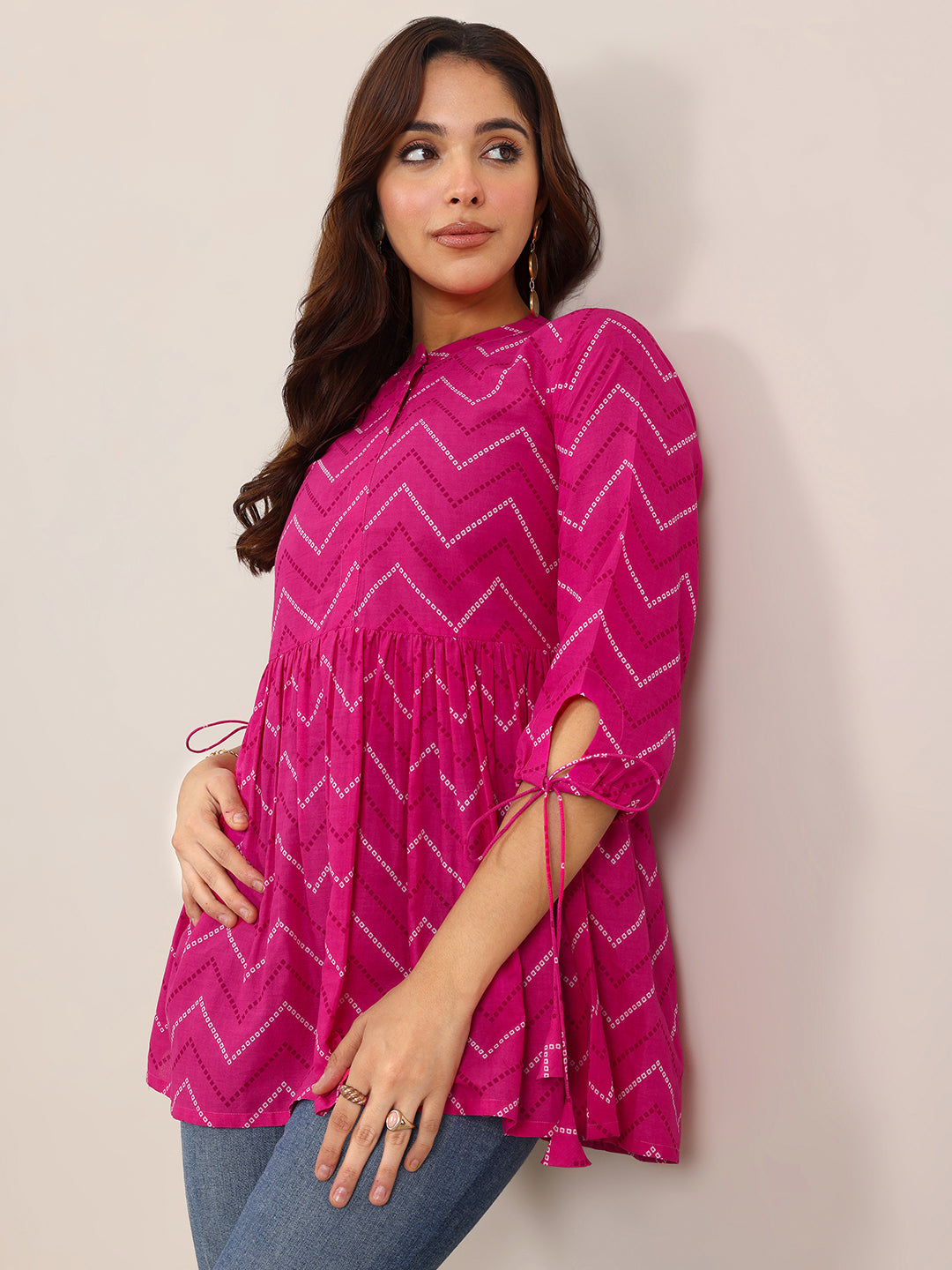 Pink Printed Cotton Anarkali Short Kurti