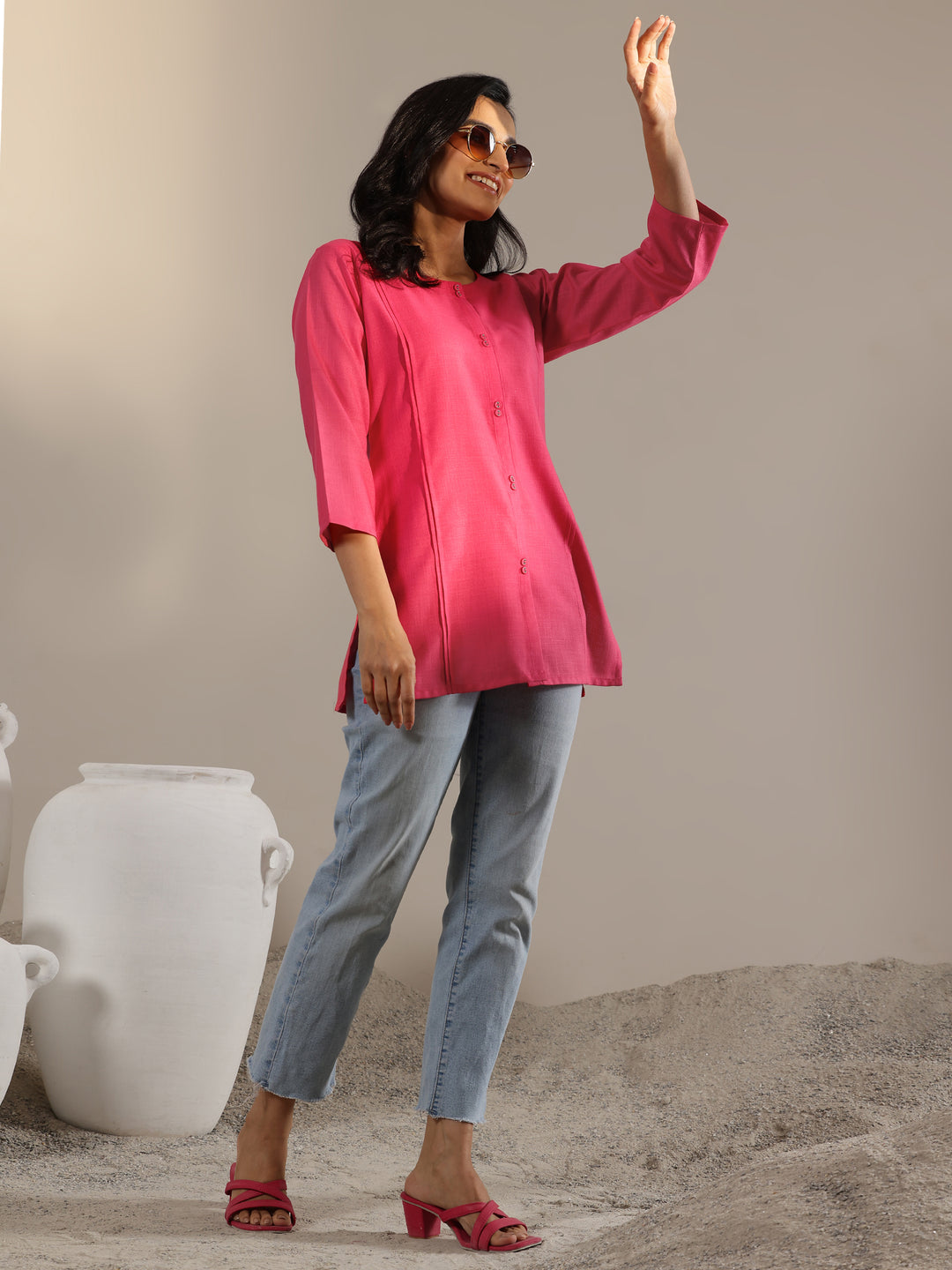 Pink Solid Cotton Blend Straight Short Kurti