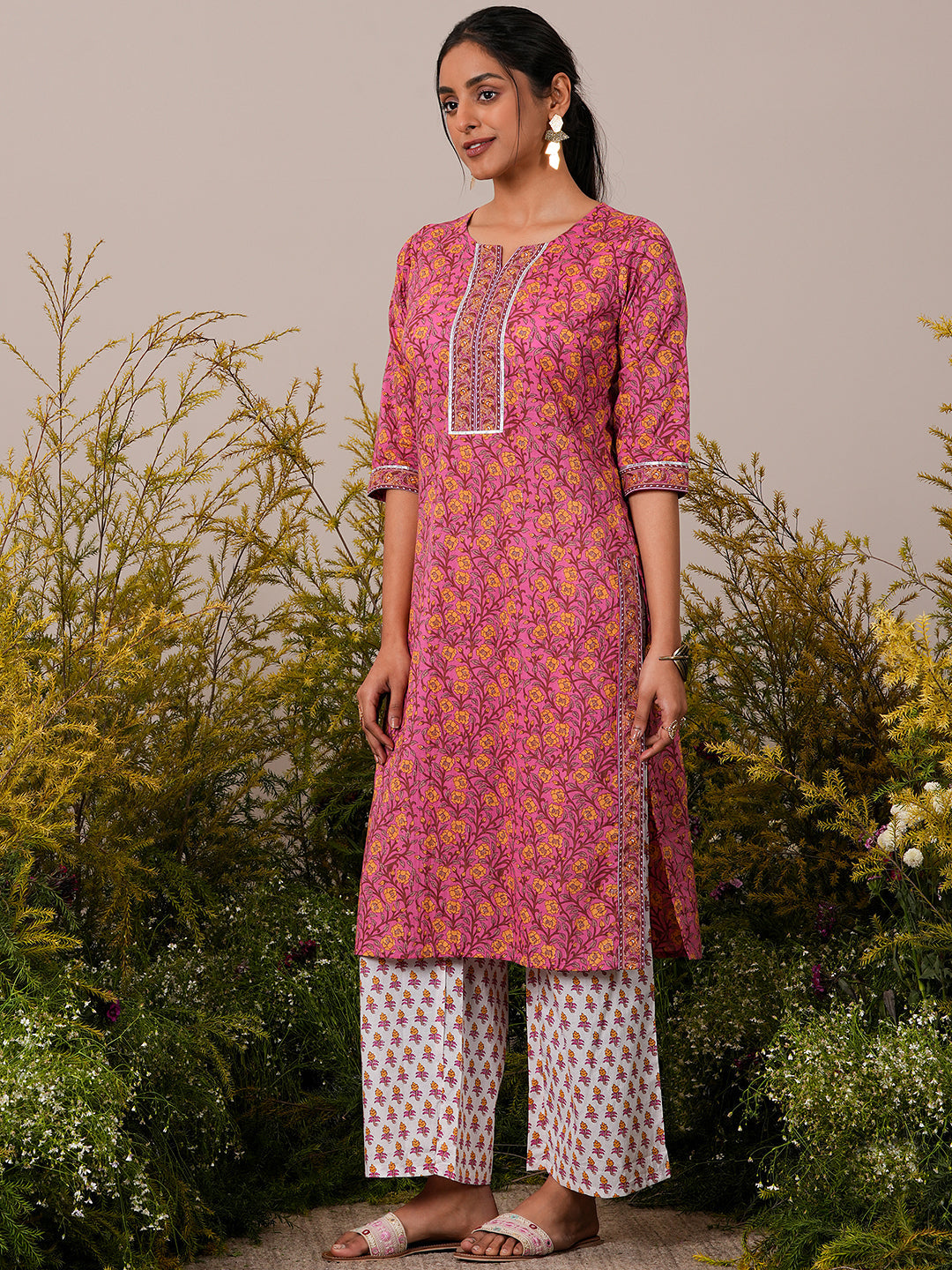 Pink Printed Cotton Straight Suit With Dupatta