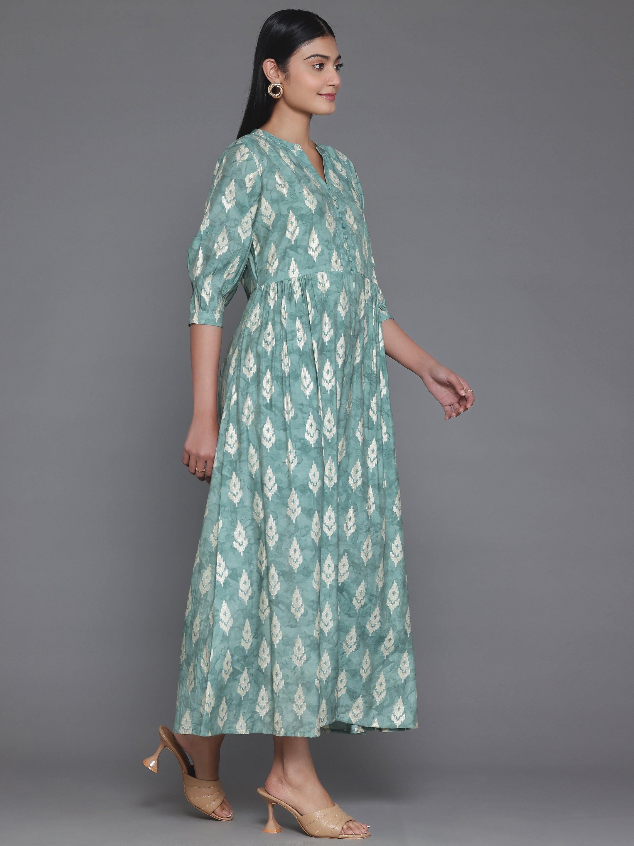 Green Printed Silk Fit and Flare Dress