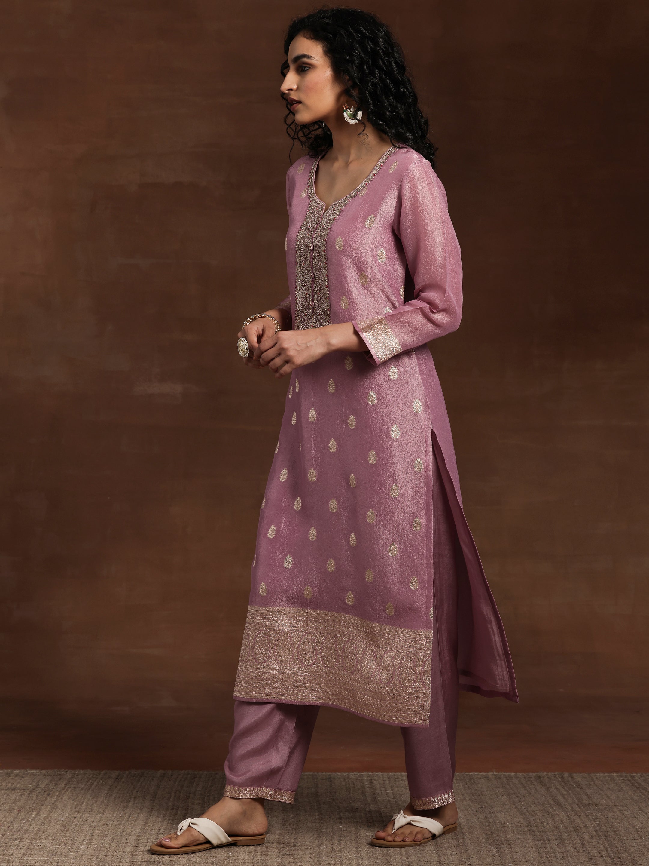 Mauve Woven Design Silk Blend Straight Kurta With Palazzos & Dupatta