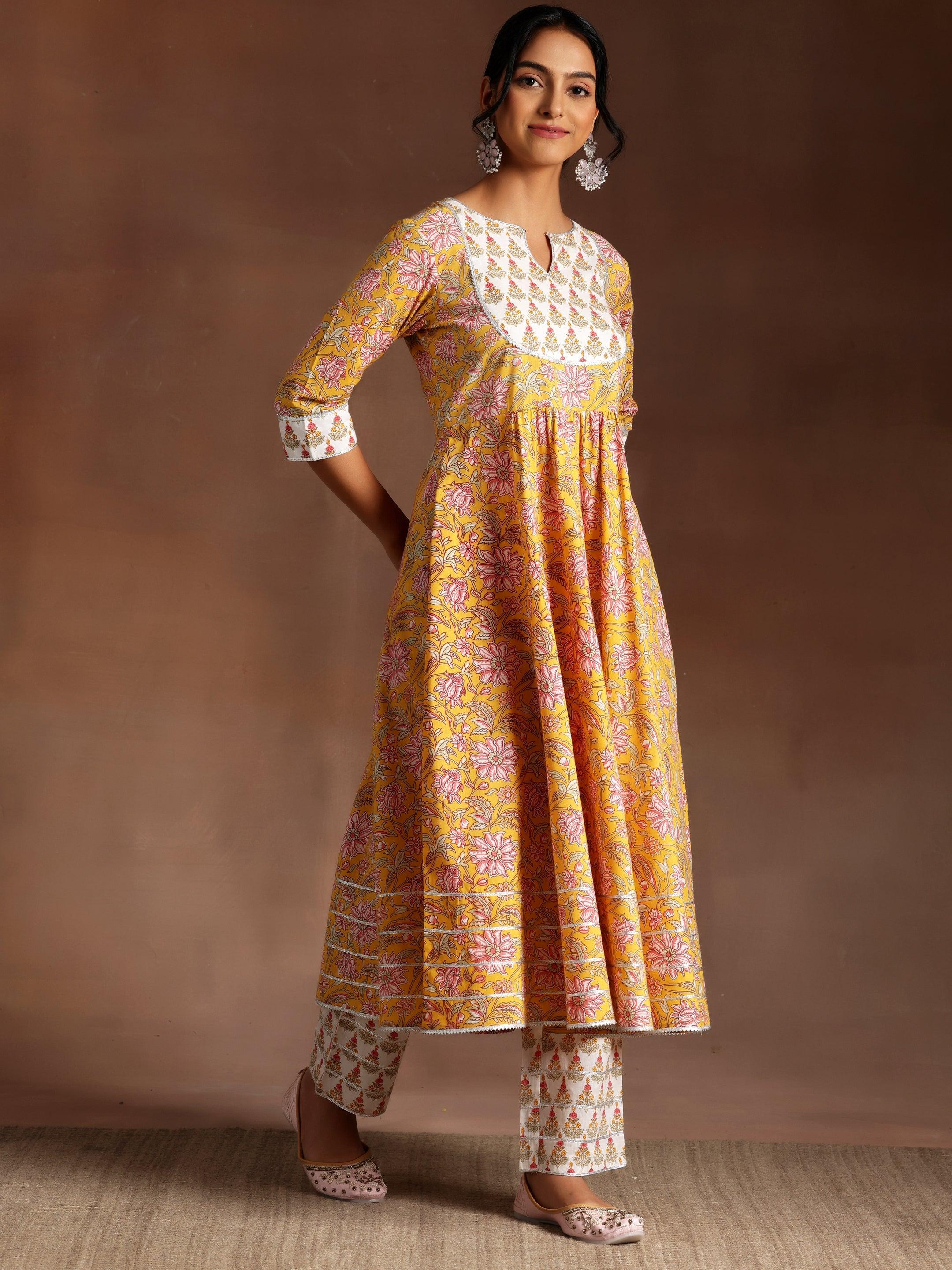 Yellow Printed Cotton Anarkali Suit With Dupatta