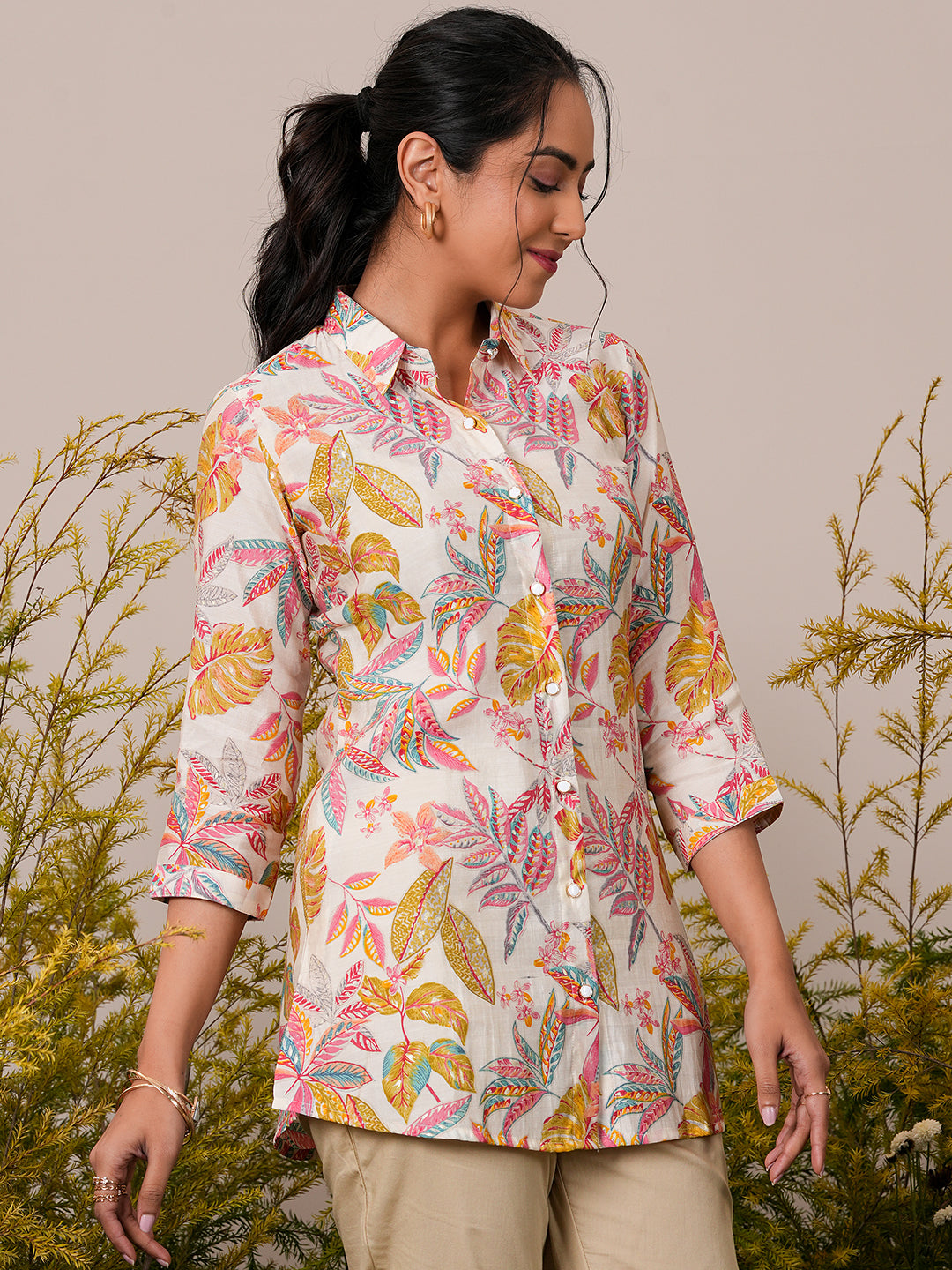 Cream Printed Silk Blend A-Line Kurti