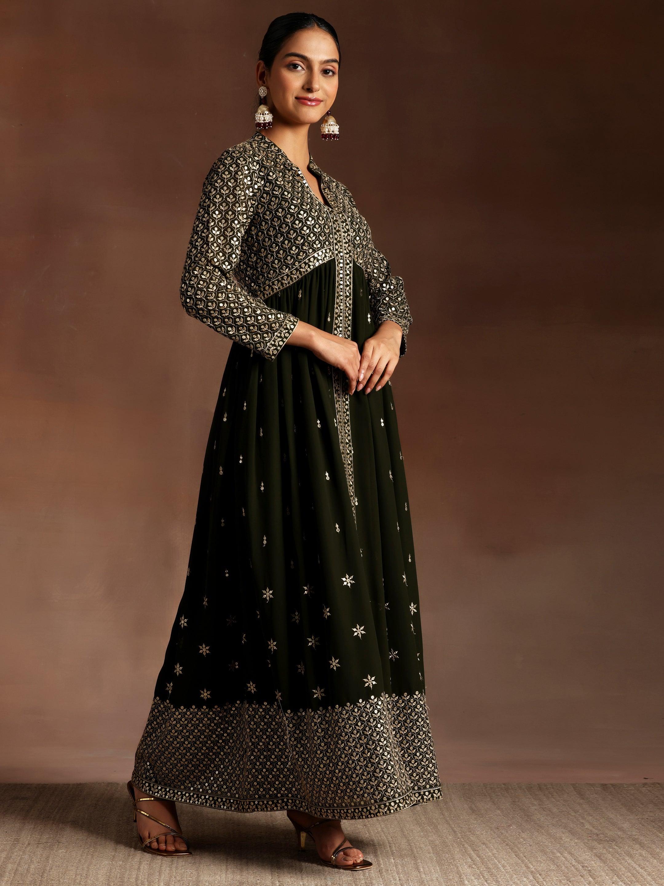 Chandni Olive Embroidered Georgette A-Line Kurta With Trousers & Dupatta