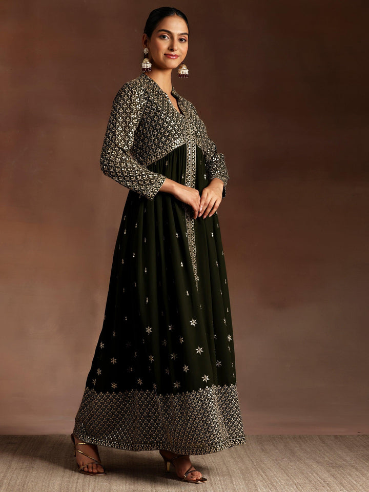 Olive Embroidered Georgette A-Line Kurta With Trousers & Dupatta - ShopLibas