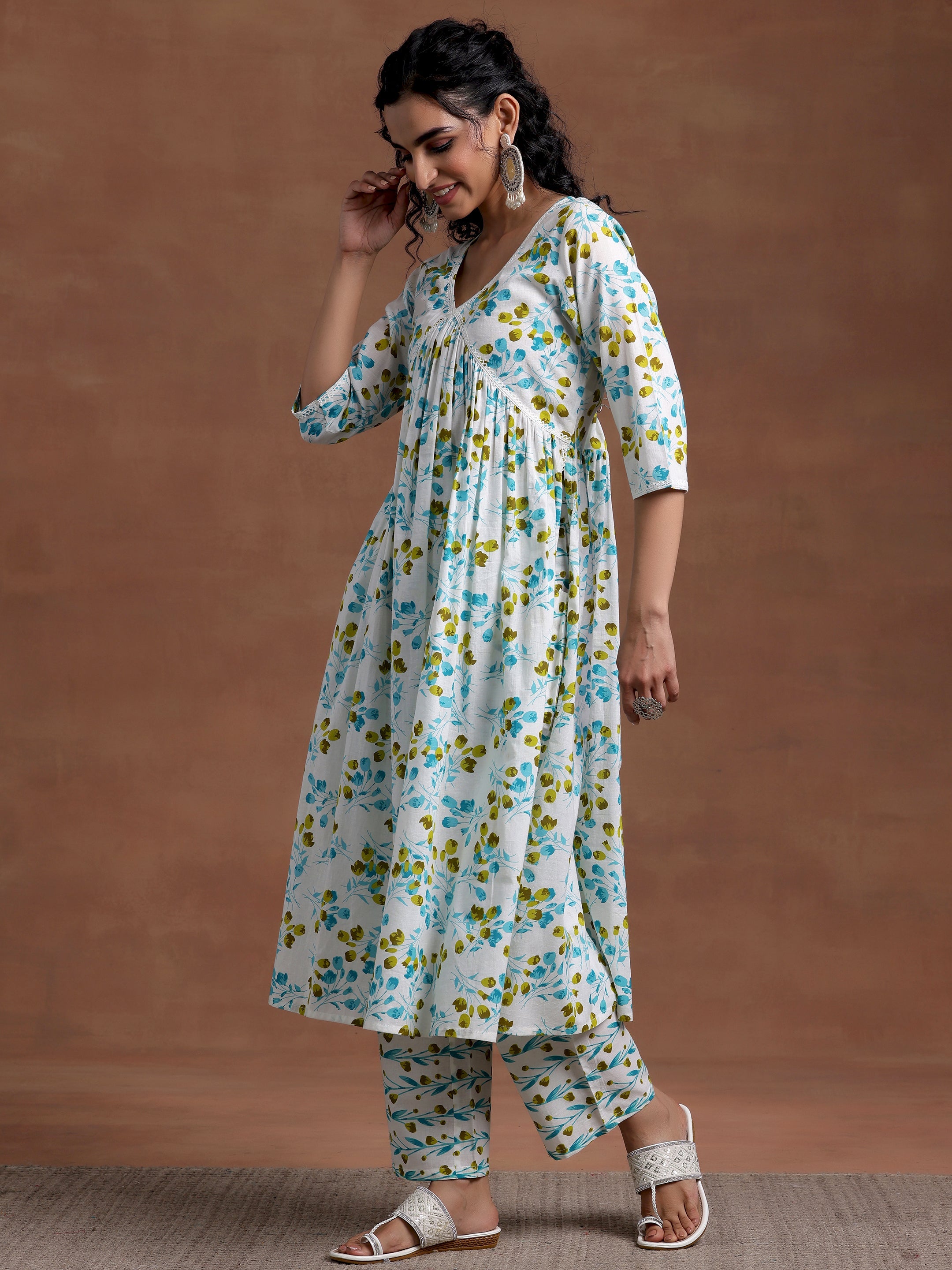 Off White Printed Cotton A-Line Kurta With Palazzos & Dupatta