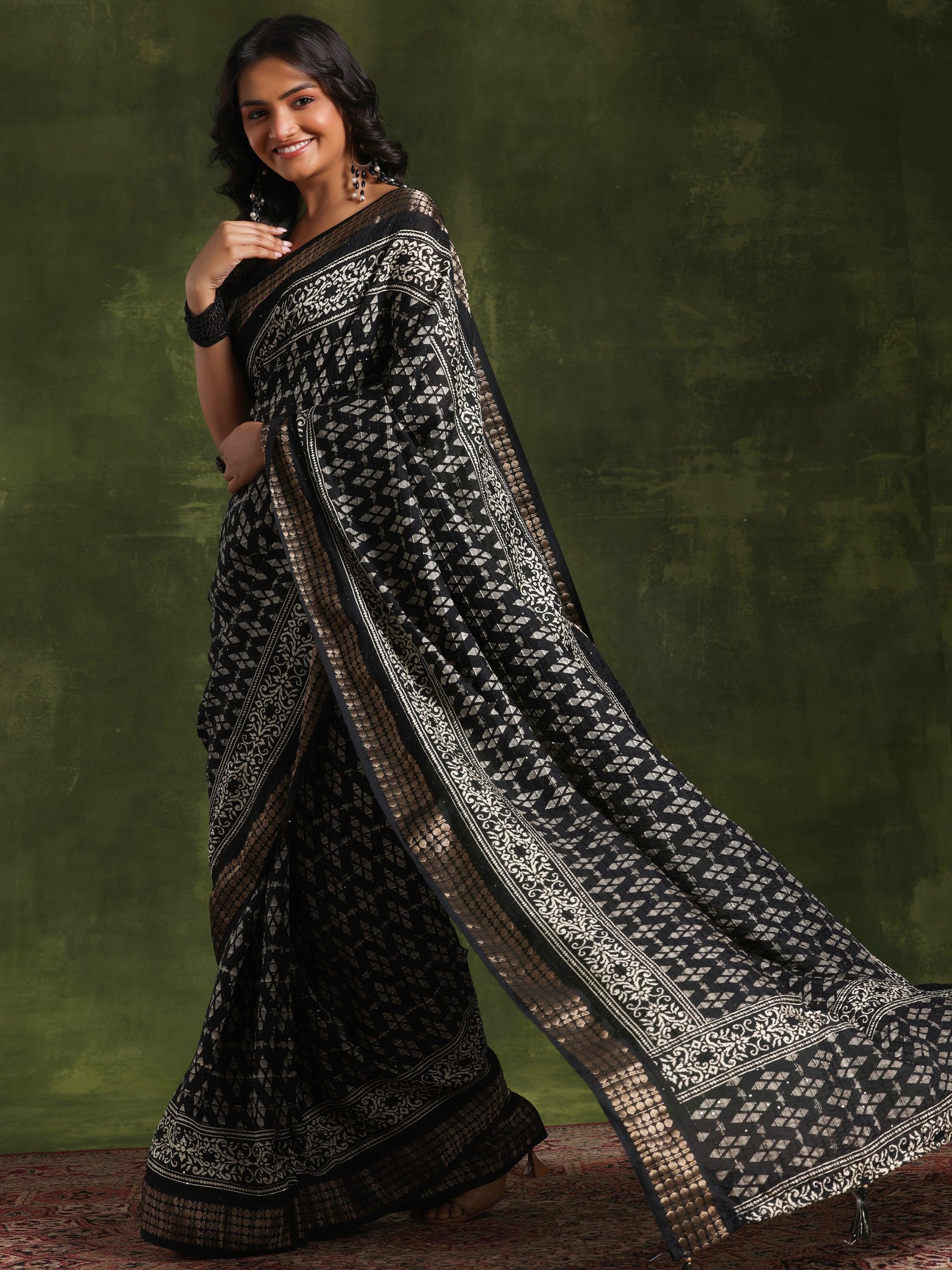 Black Printed Silk Blend Saree With Unstitched Blouse Piece