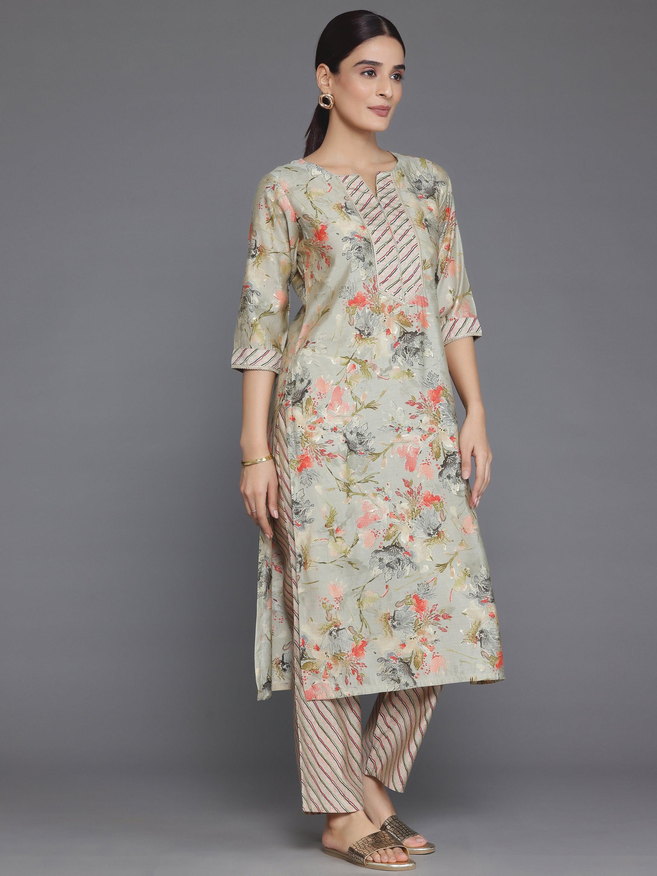 Grey Printed Silk Blend Straight Kurta Set