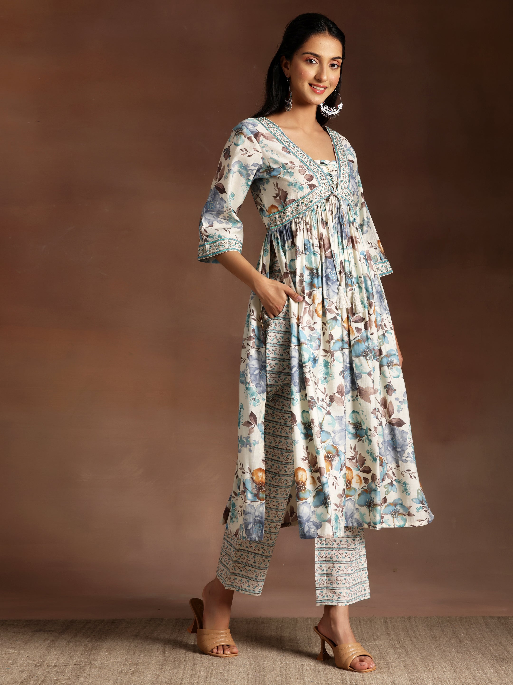 Off white Printed Silk Blend A-Line Kurta With Palazzos & Dupatta