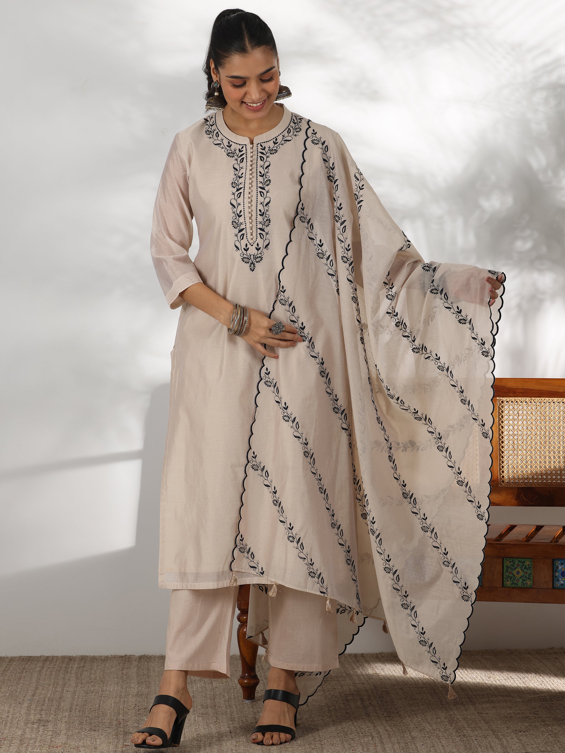 Beige Yoke Design Chanderi Silk Straight Suit With Dupatta