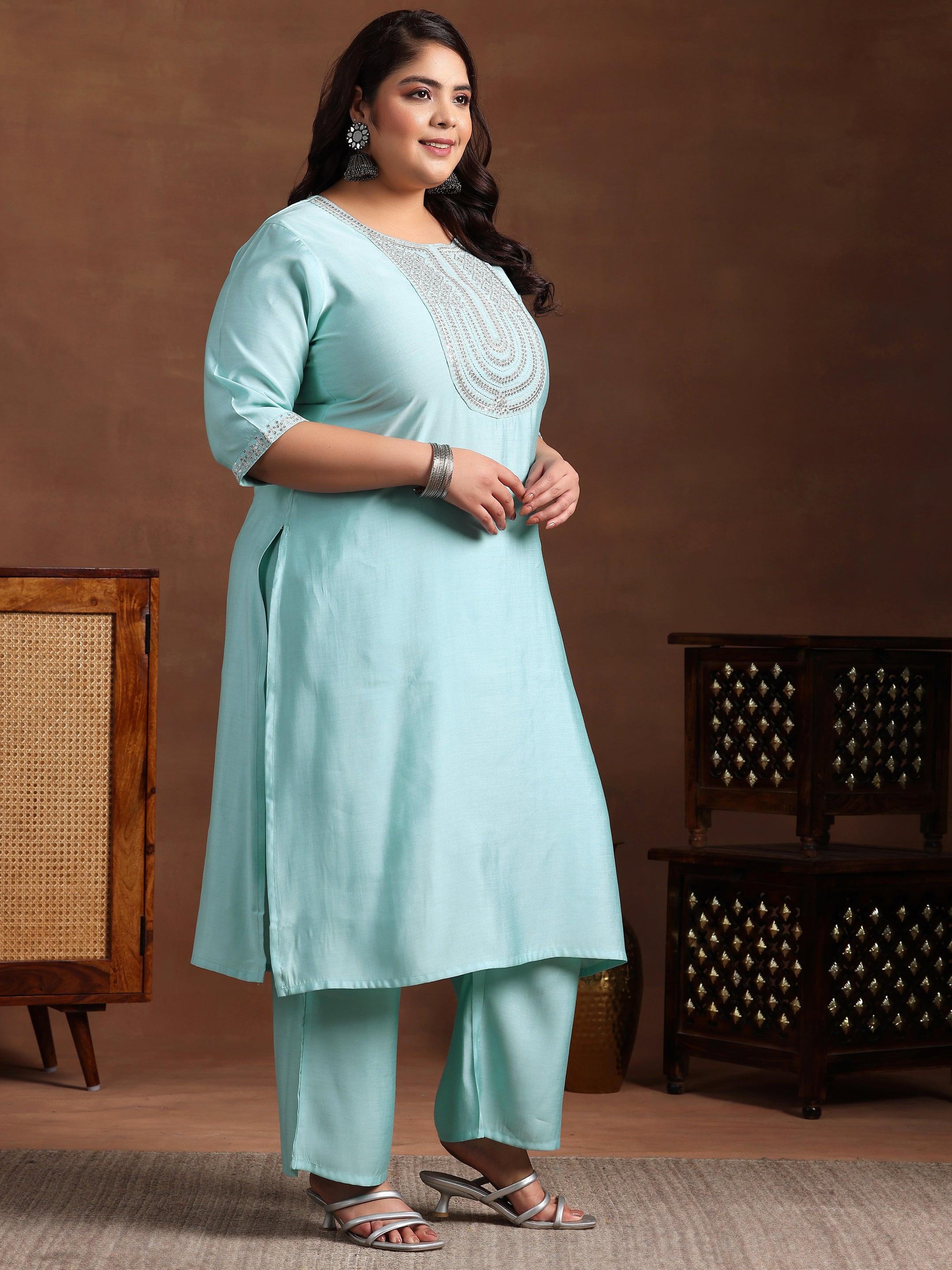 Plus Size Blue Yoke Design Silk Blend Straight Suit With Dupatta