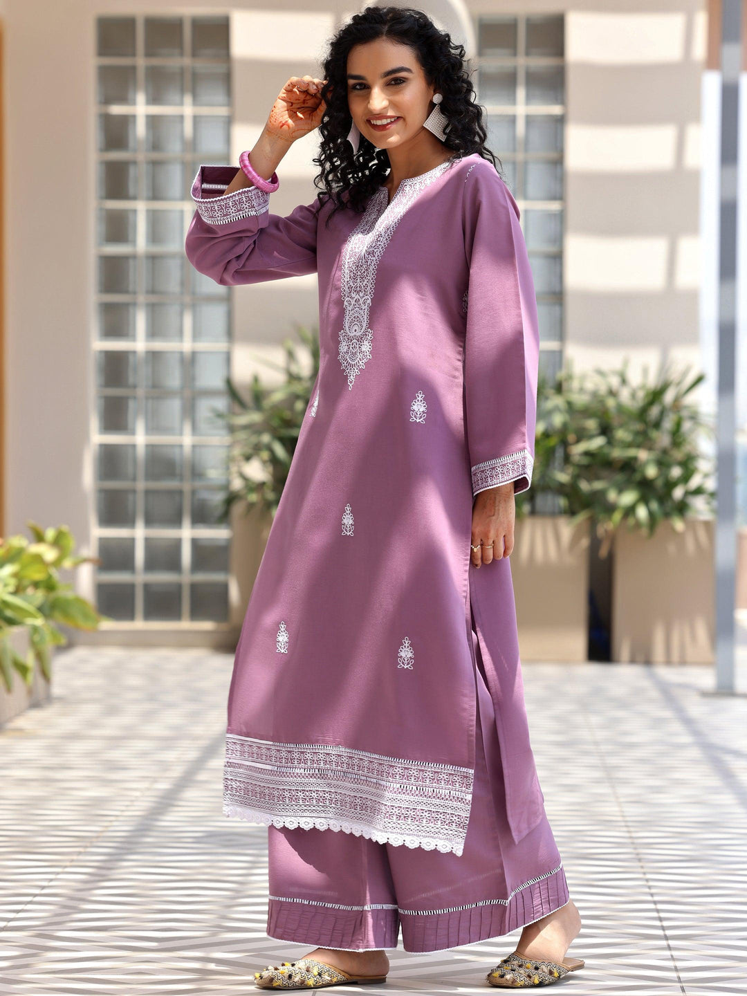 Mauve Embroidered Silk Blend Straight Suit With Dupatta - Libas