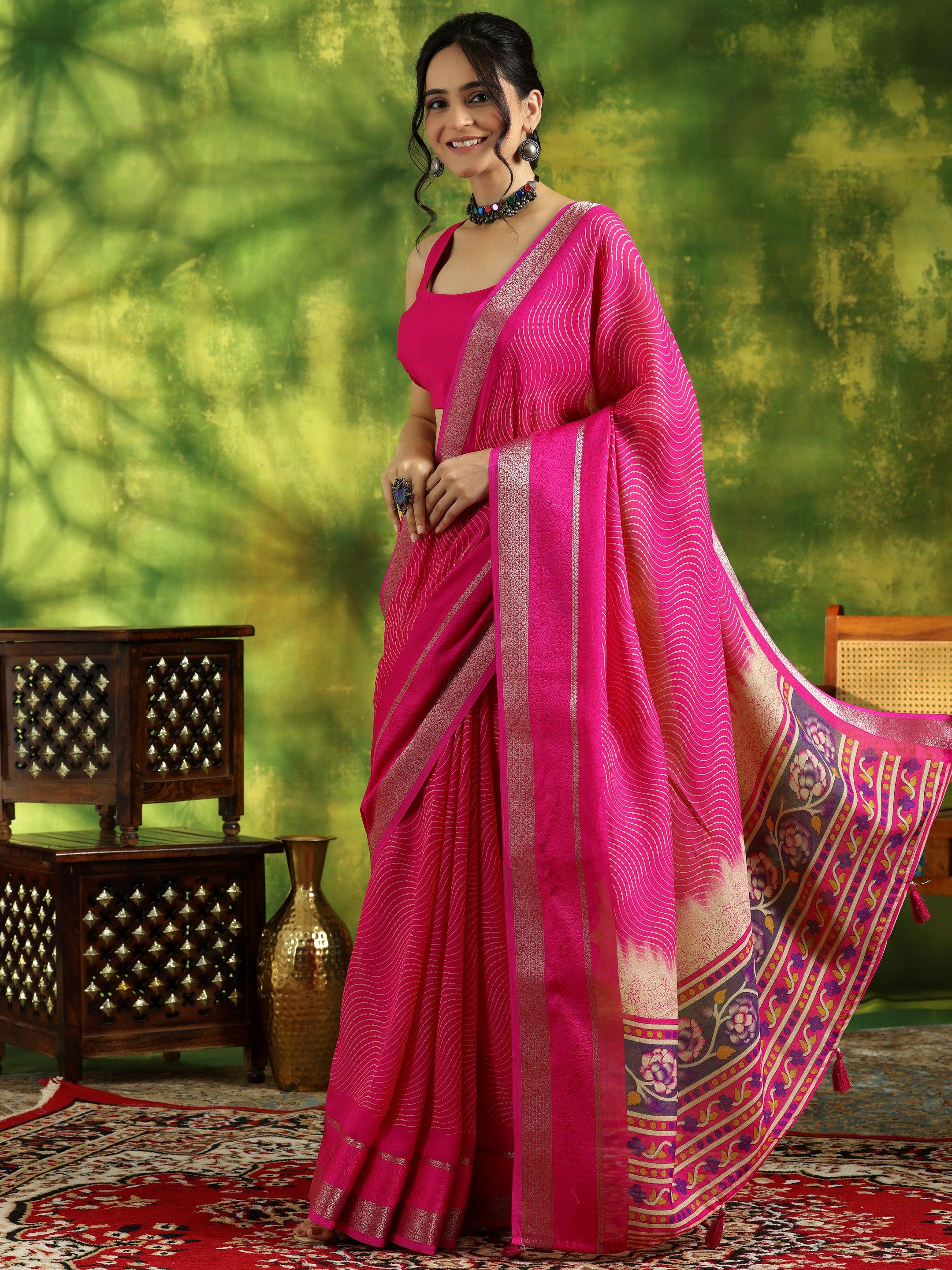 Pink Printed Silk Blend Saree With Unstitched Blouse Piece