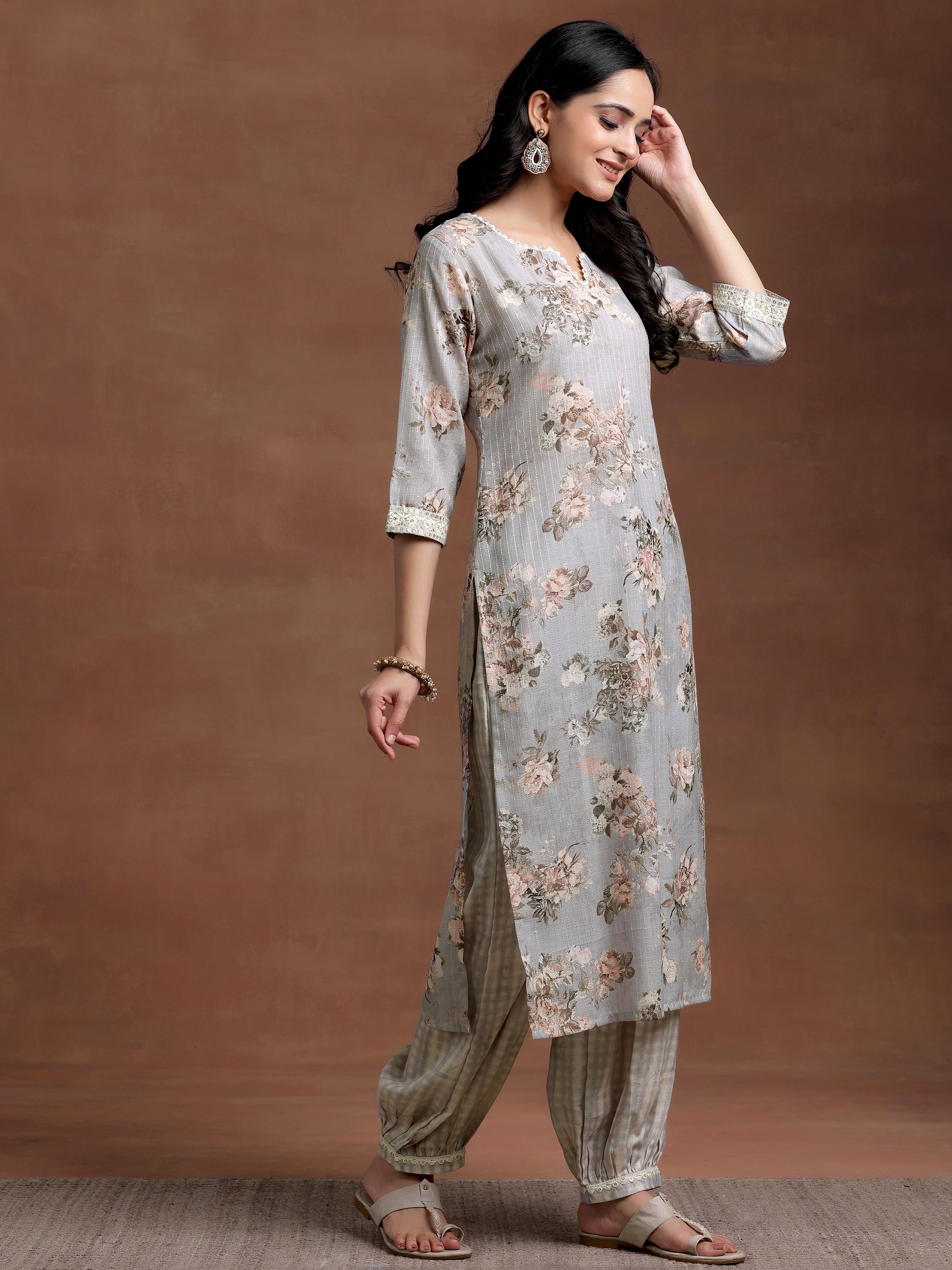 Grey Printed Cotton Straight Suit With Dupatta