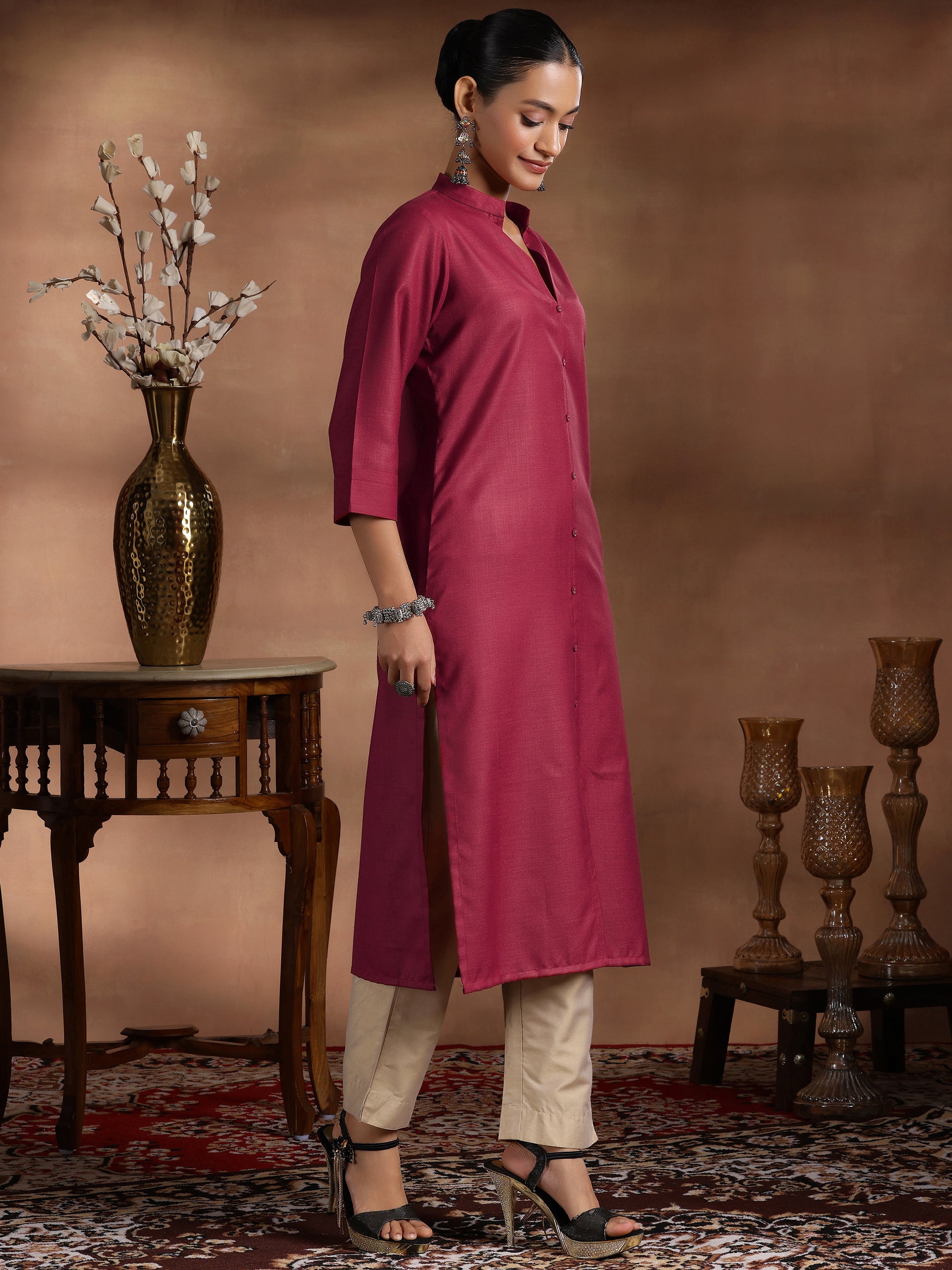 Maroon Solid Silk Straight Kurta