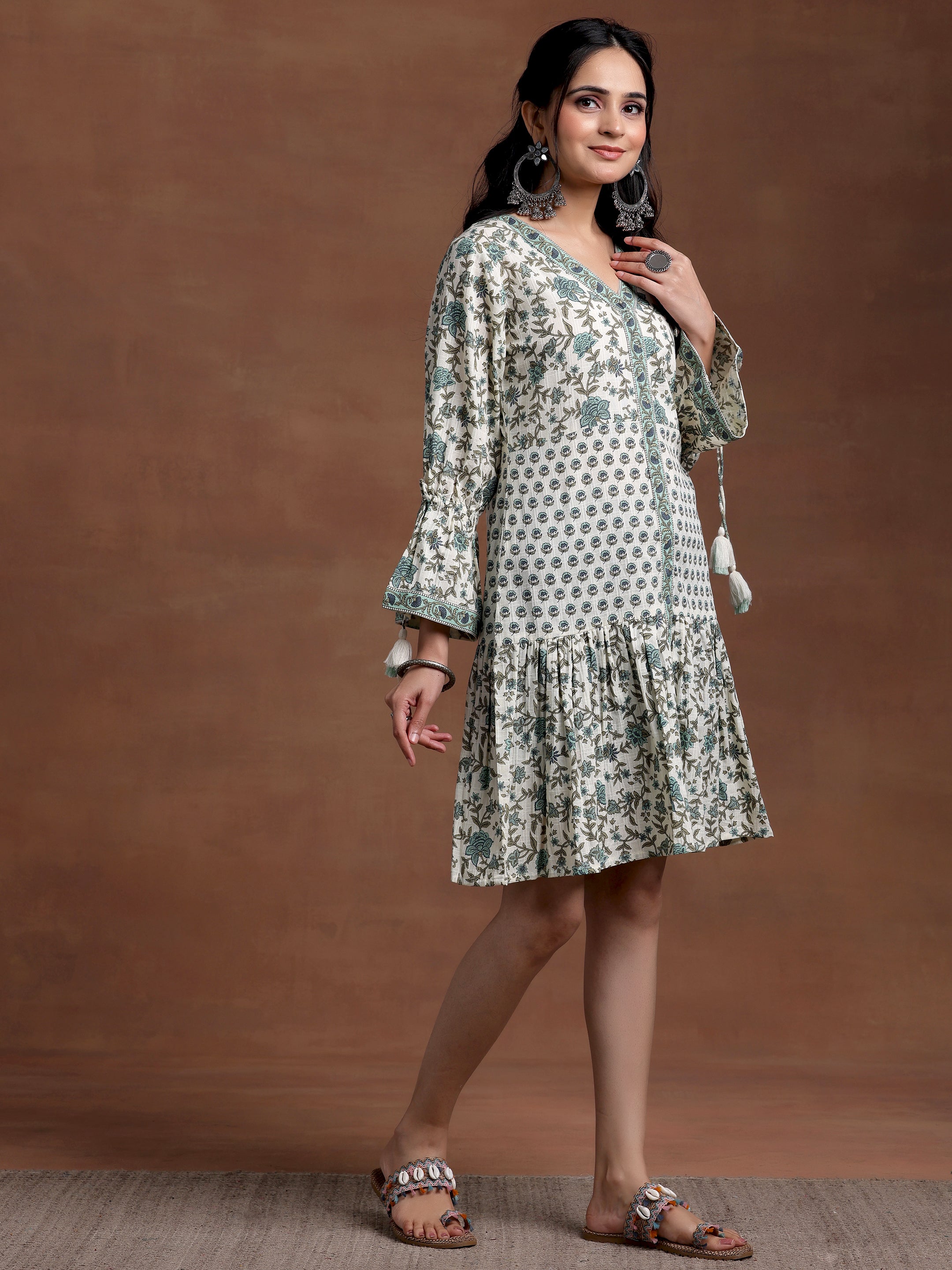 Beige Printed Cotton A-Line Dress