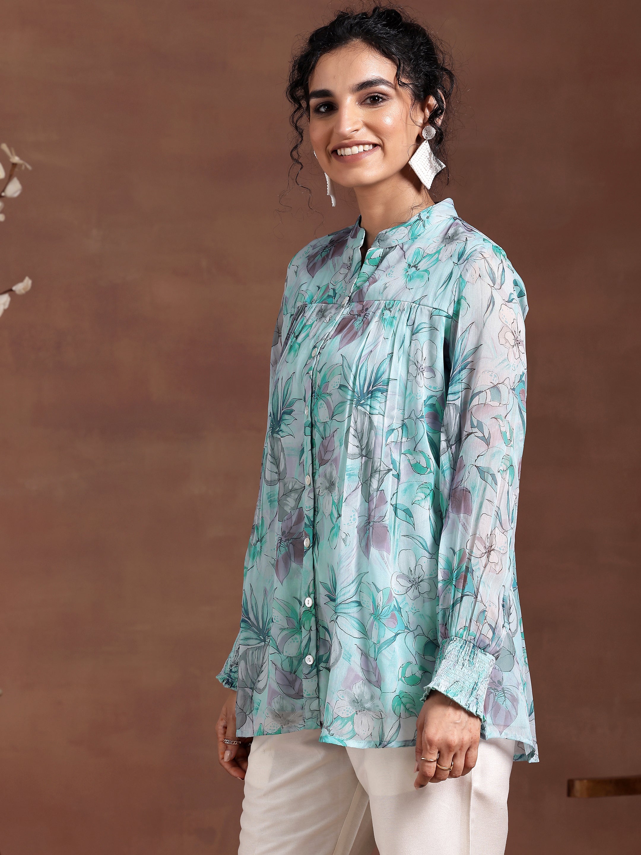 Blue Printed Chiffon A-Line Kurti