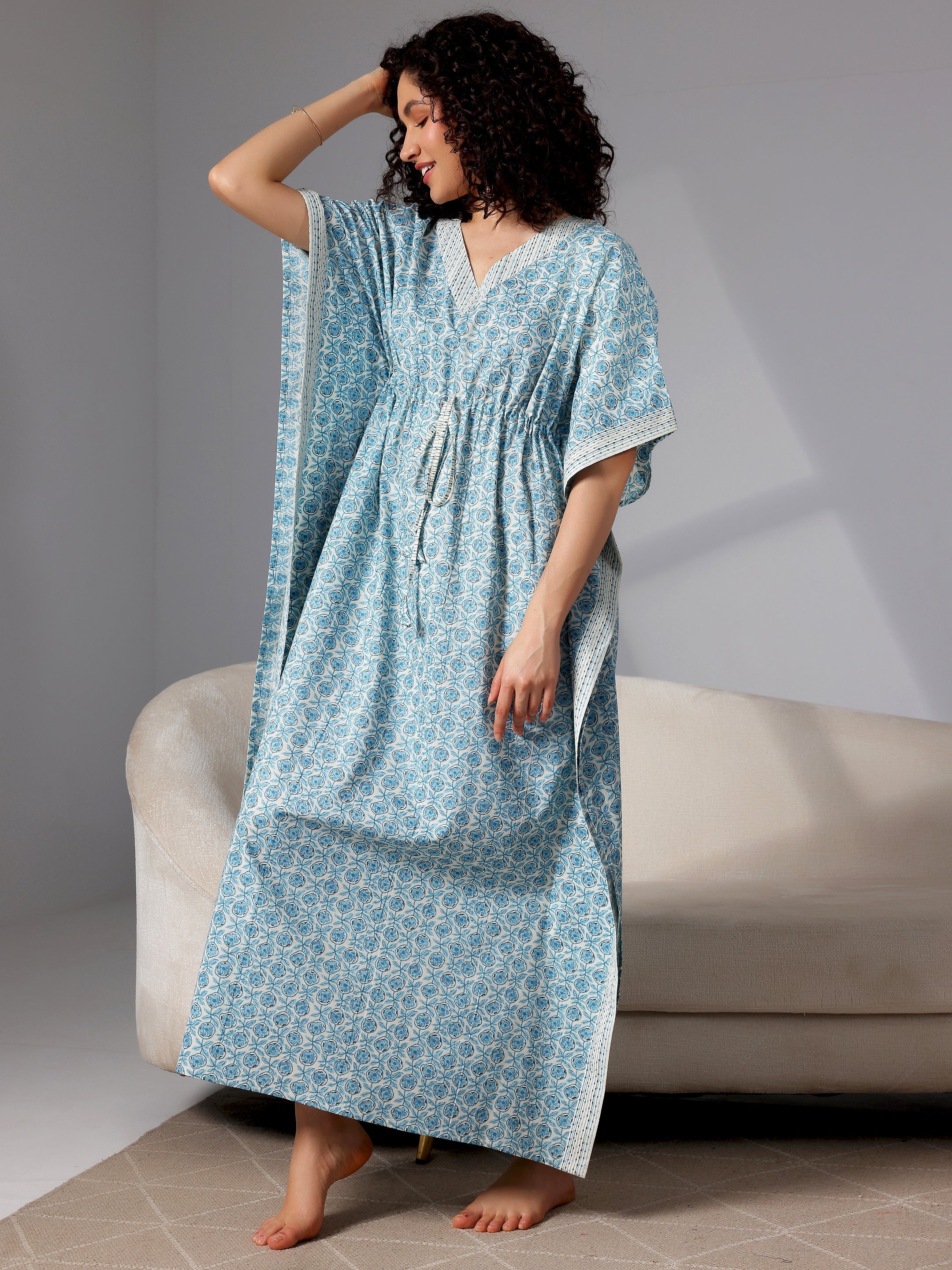 Blue Printed Cotton Kaftan Night Dress