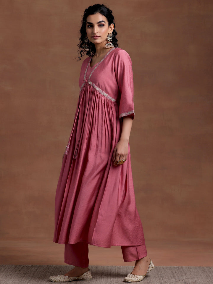 Peach Solid Silk Blend A-Line Kurta With Trousers