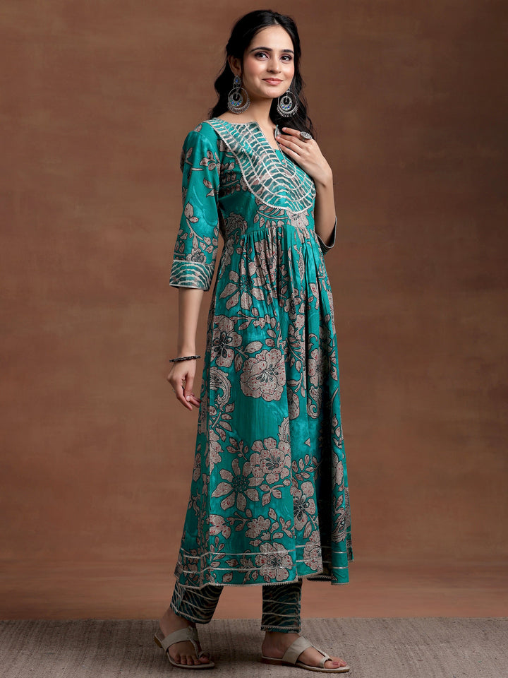 Green Printed Cotton Anarkali Suit With Dupatta