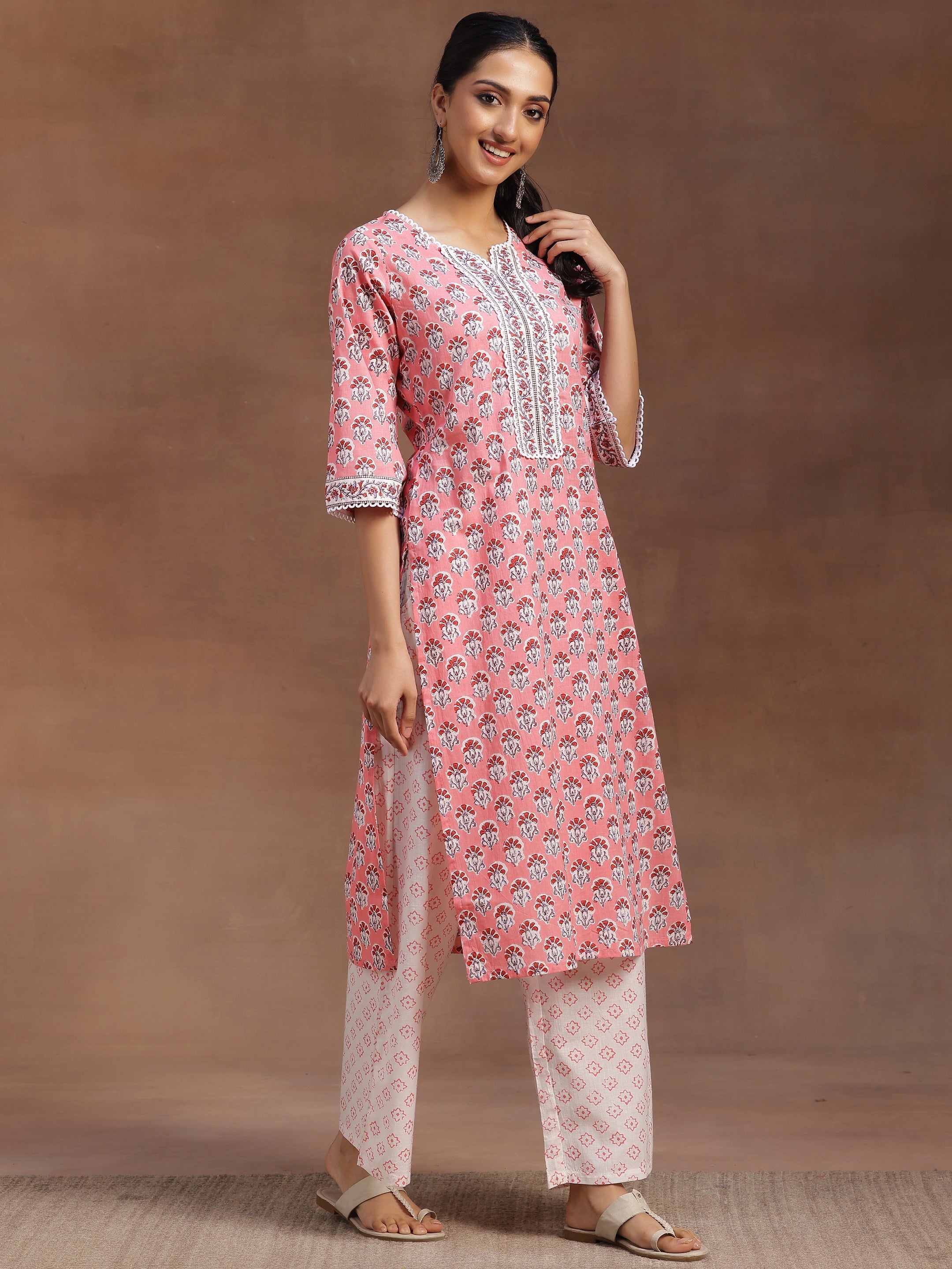 Peach Printed Cotton Straight Kurta With Palazzos