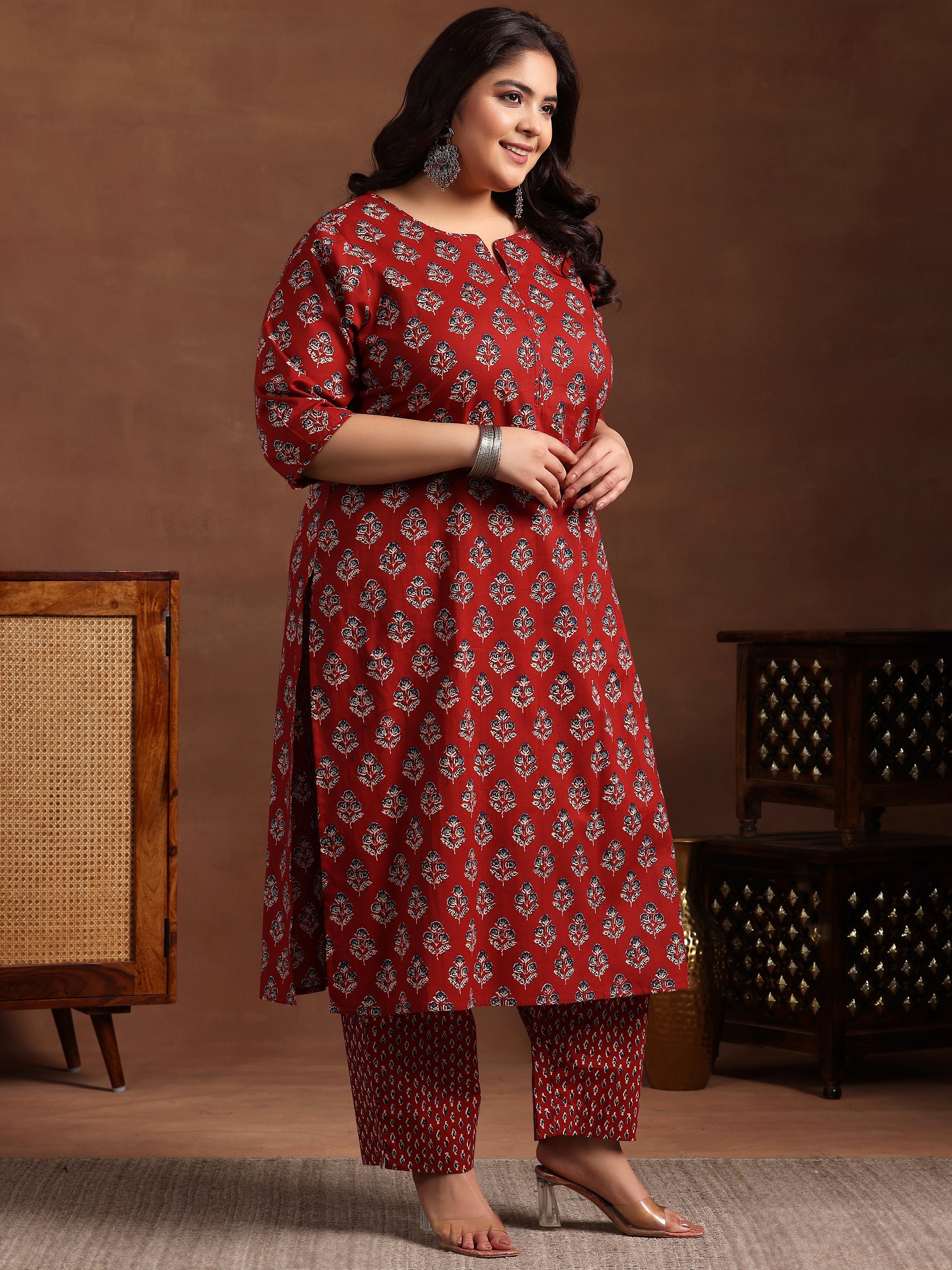 Plus Size Rust Printed Cotton Straight Suit With Dupatta