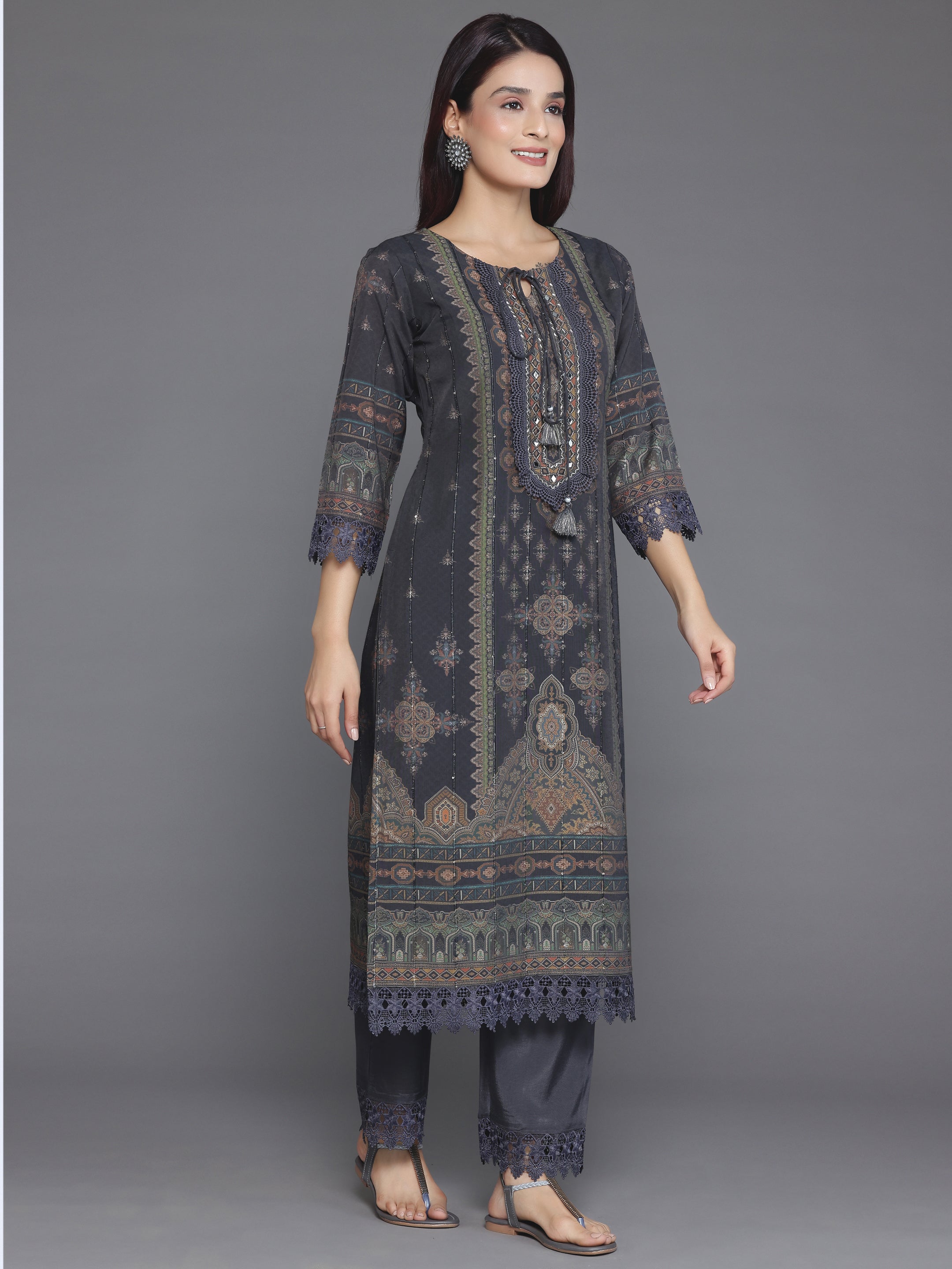 Grey Printed Silk Blend Straight Suit With Dupatta