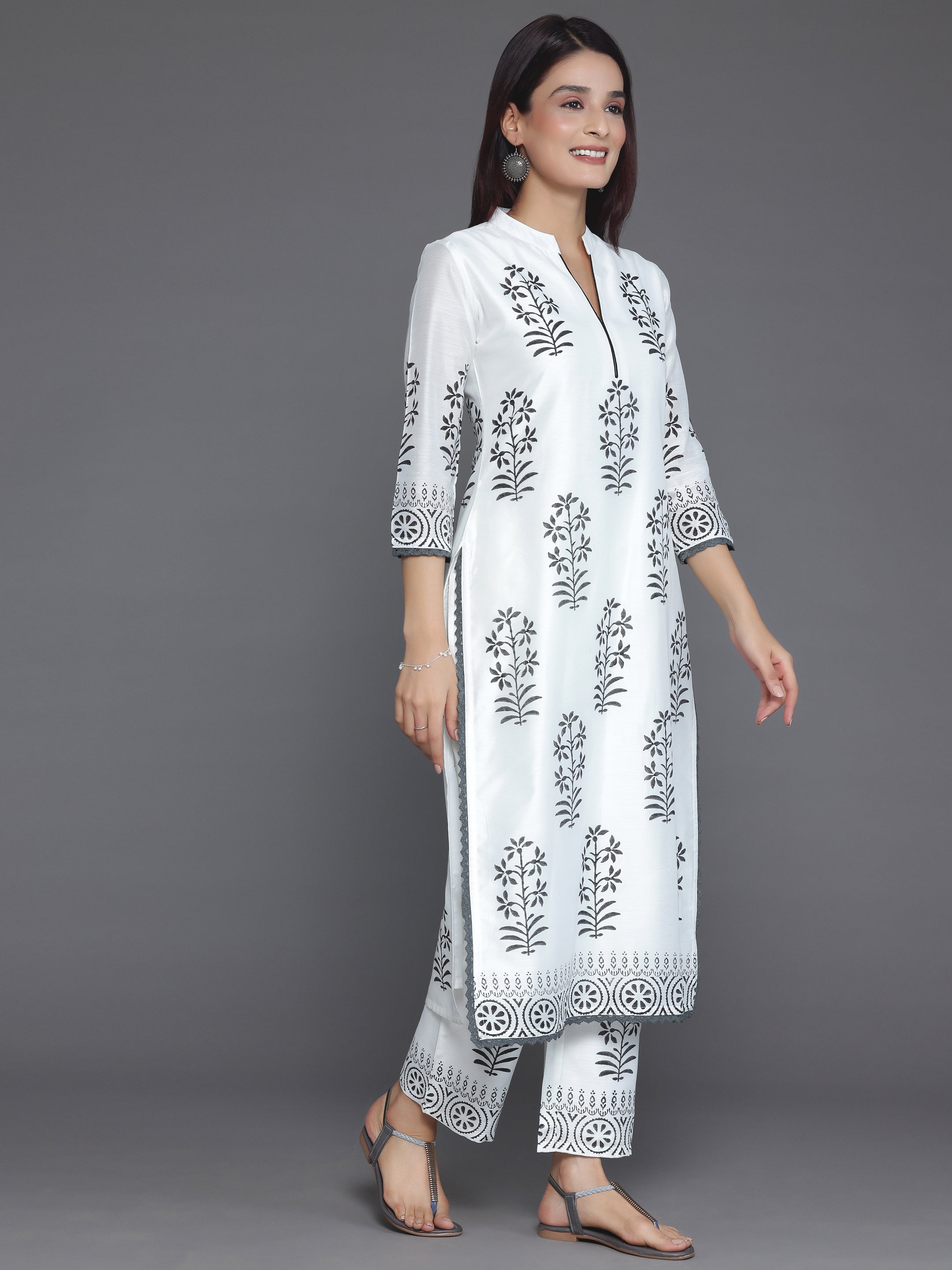 White Printed Chanderi Silk Straight Suit With Dupatta