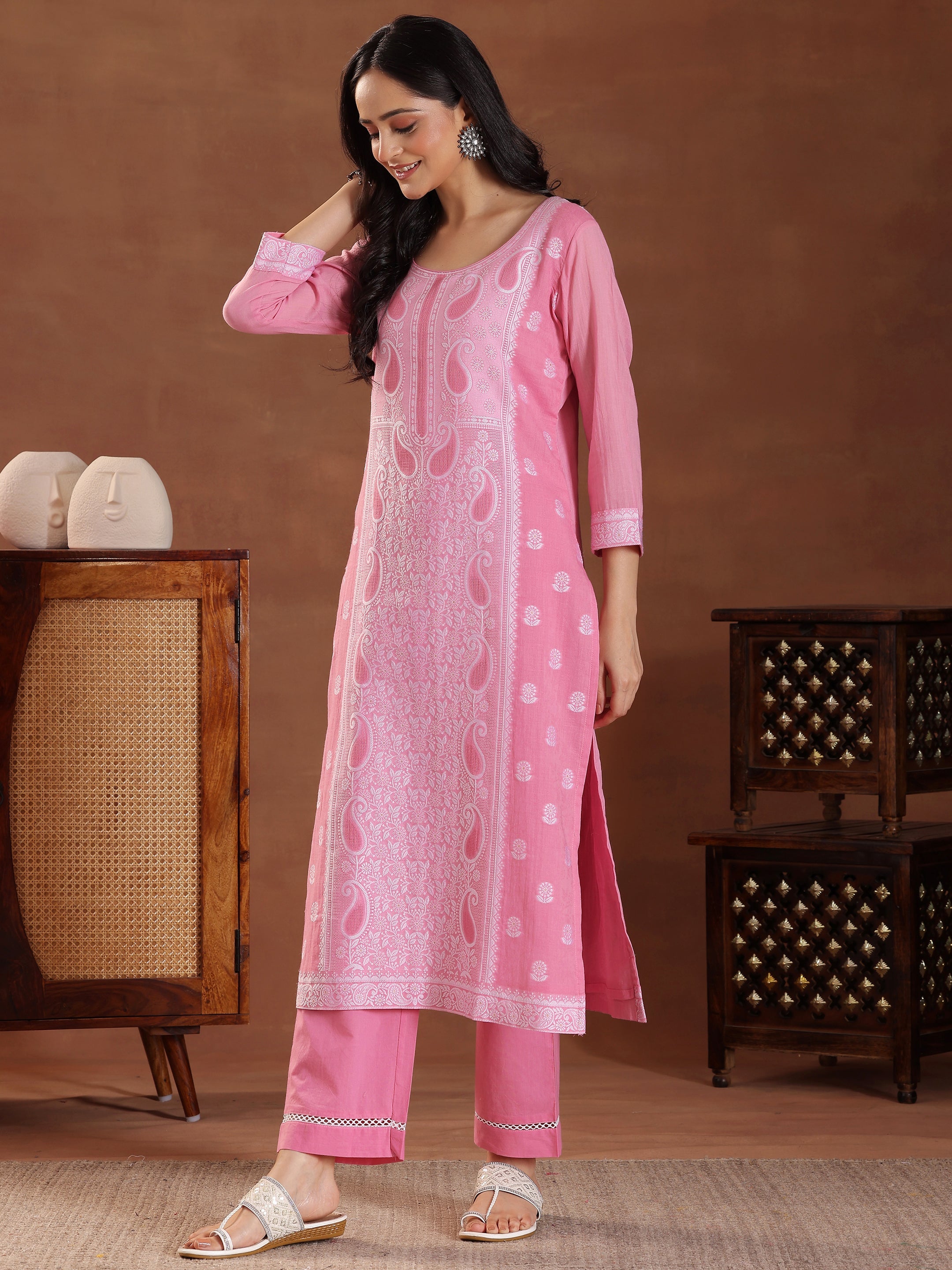 Pink Woven Design Cotton Straight Suit With Dupatta