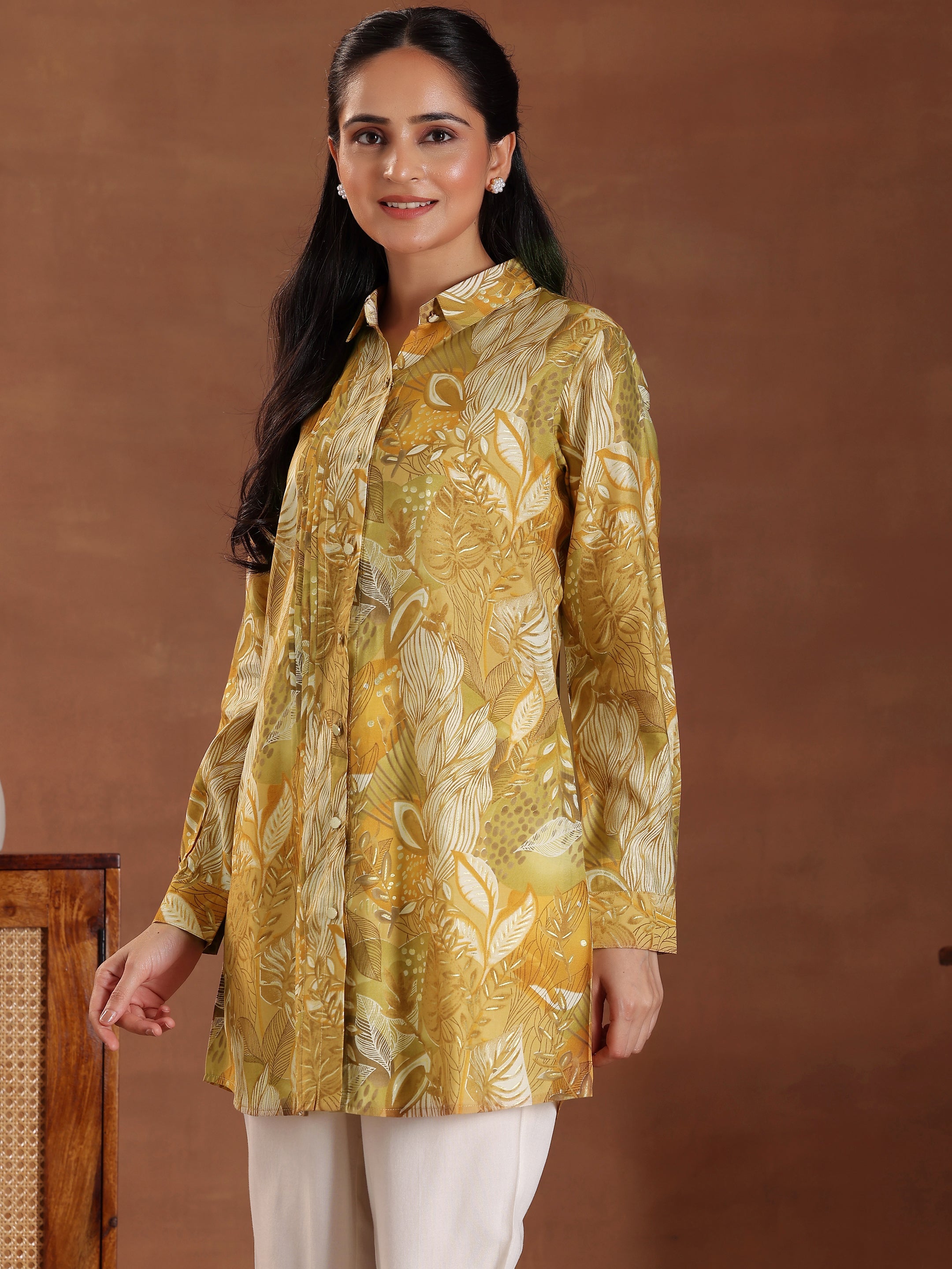 Mustard Printed Silk Blend Straight Kurti