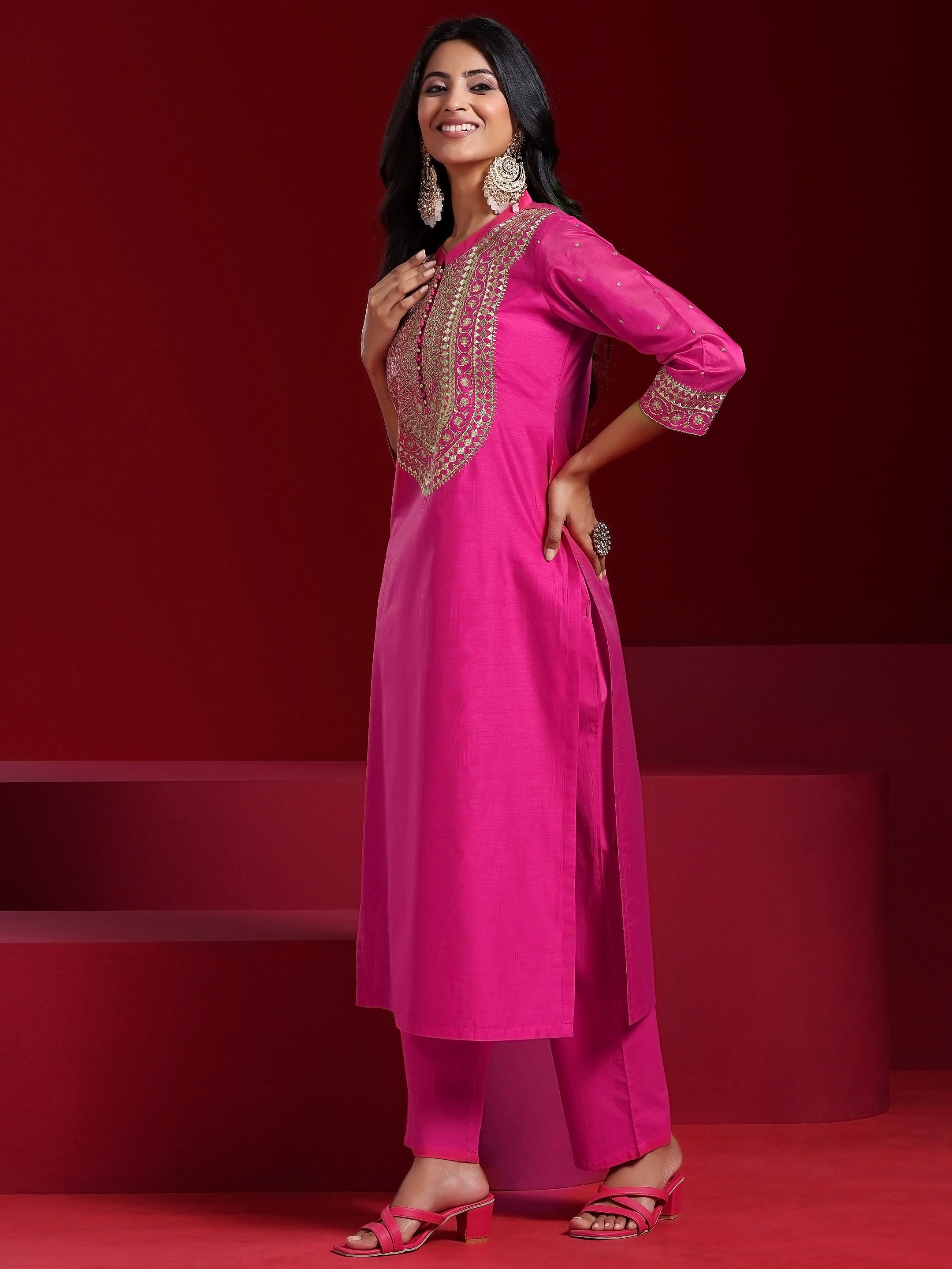 Libas Art Pink Yoke Design Chanderi Silk Straight Suit With Dupatta