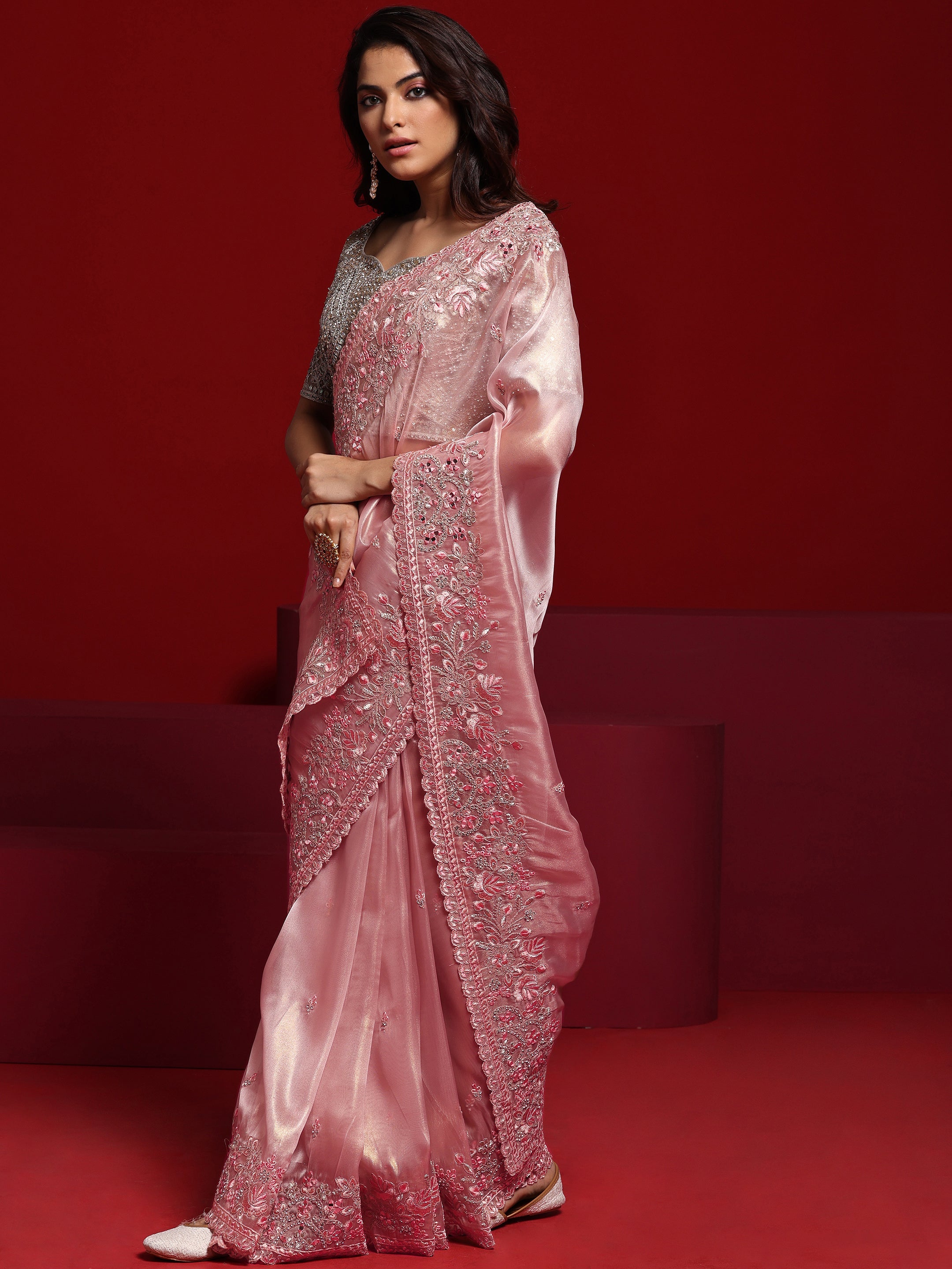 Libas Art Pink Embroidered Silk Blend Saree With Unstitched Blouse Piece