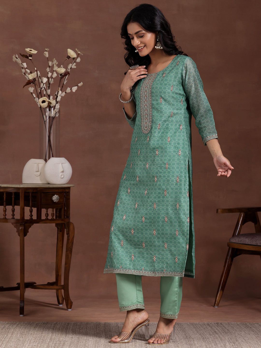 Green Printed Silk Blend Straight Suit With Dupatta