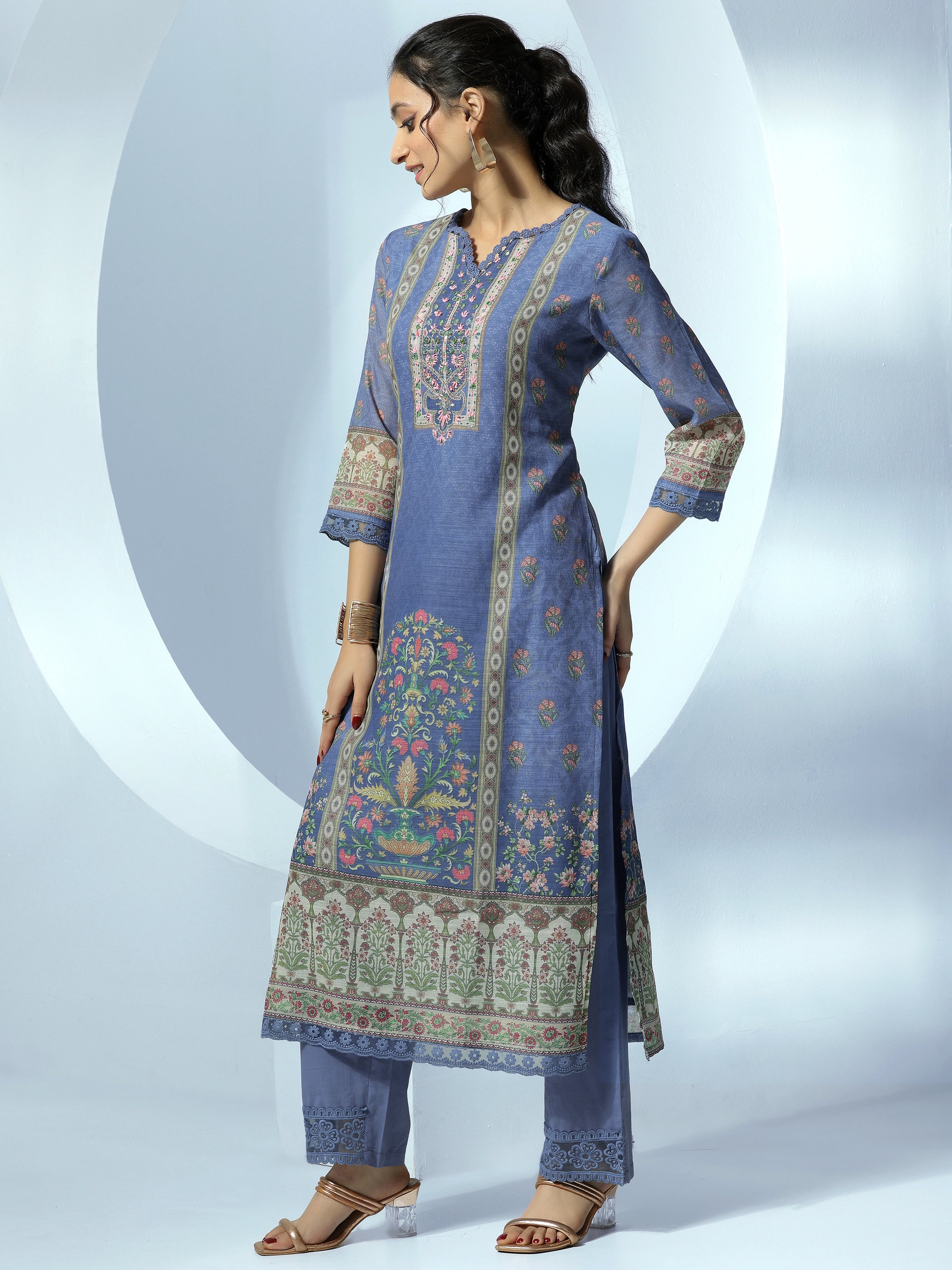 Blue Printed Linen Straight Suit With Dupatta