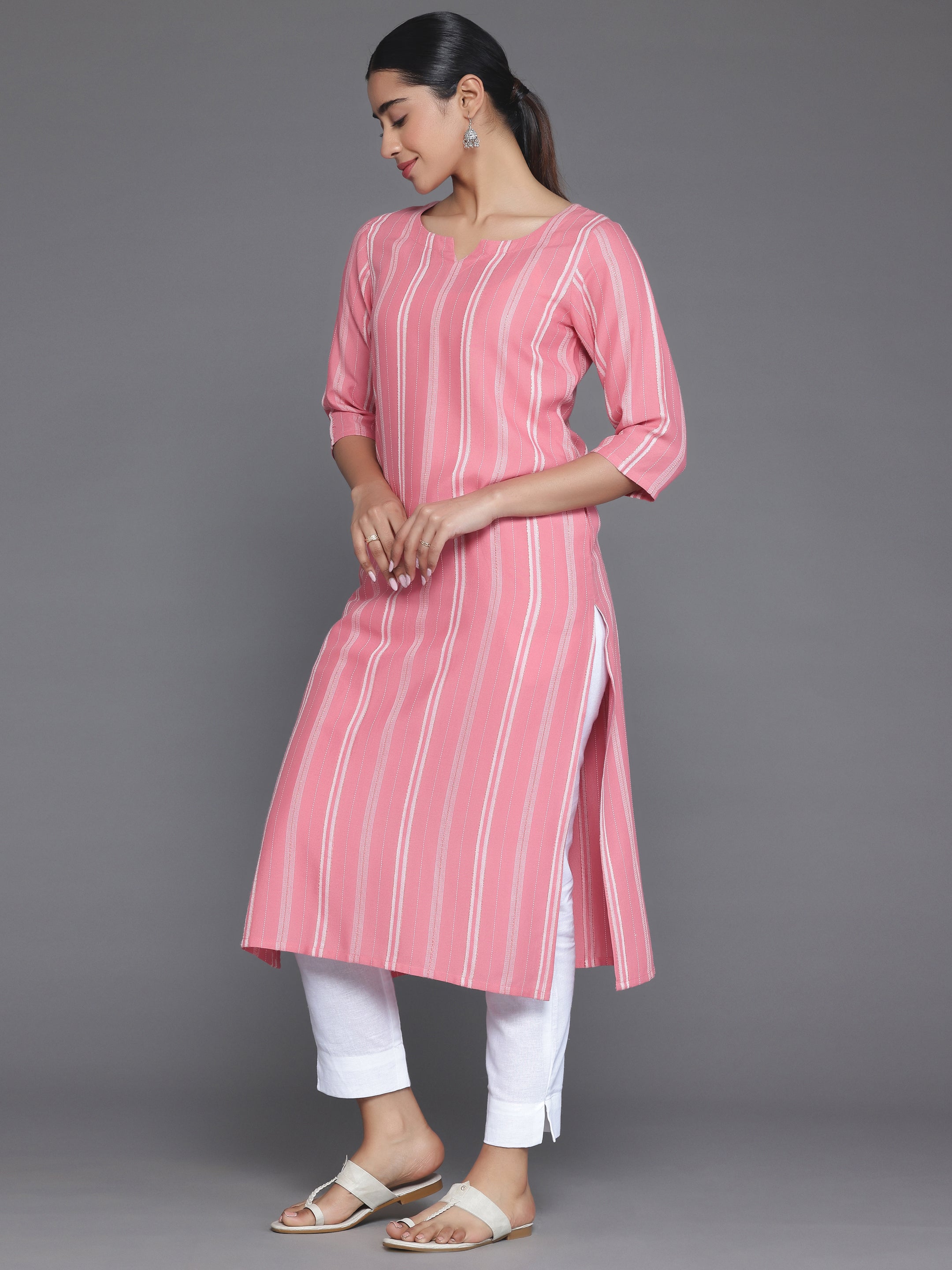 Pink Woven Design Rayon Straight Kurta