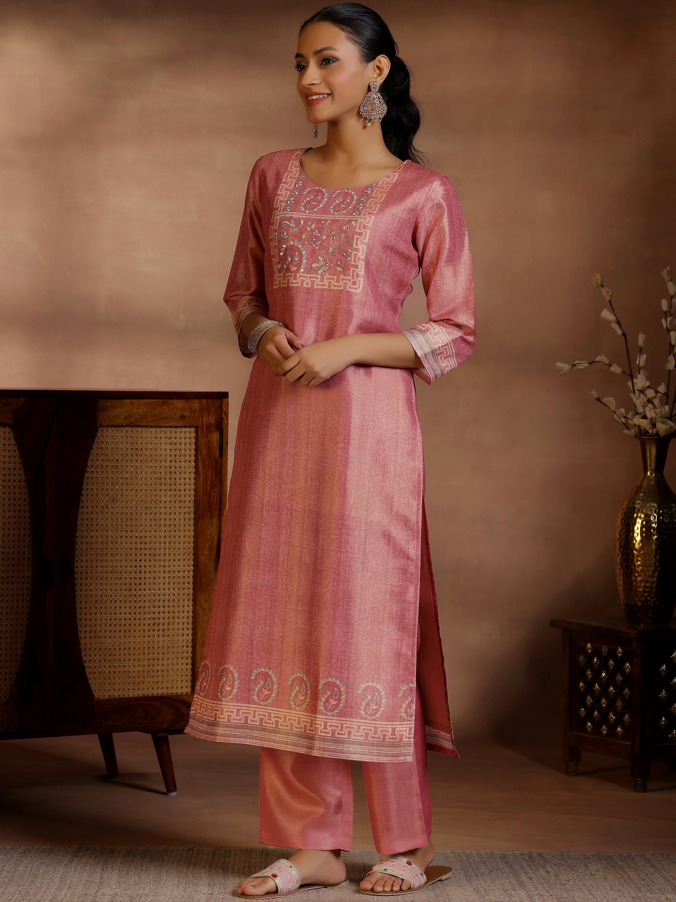 Pink Printed Silk Straight Suit With Dupatta