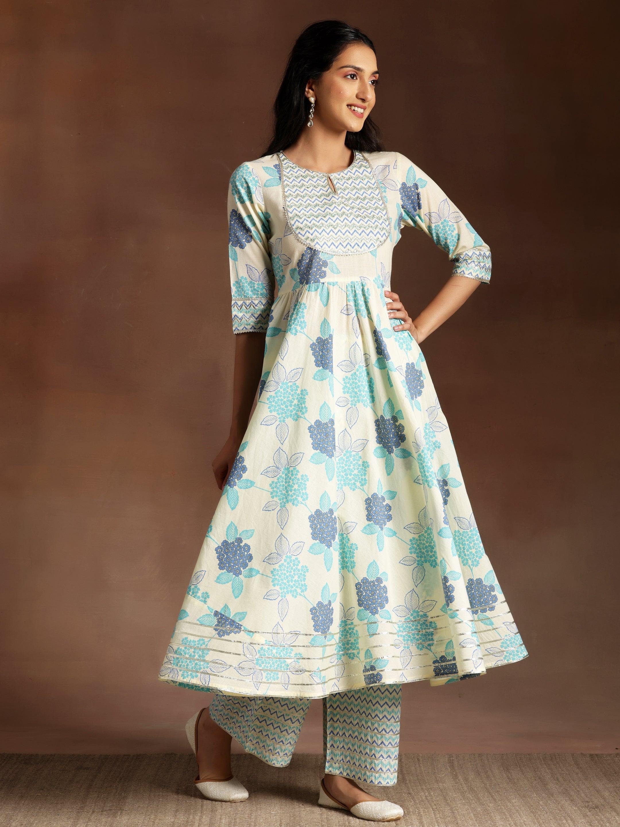 Turquoise Printed Cotton Anarkali Suit With Dupatta