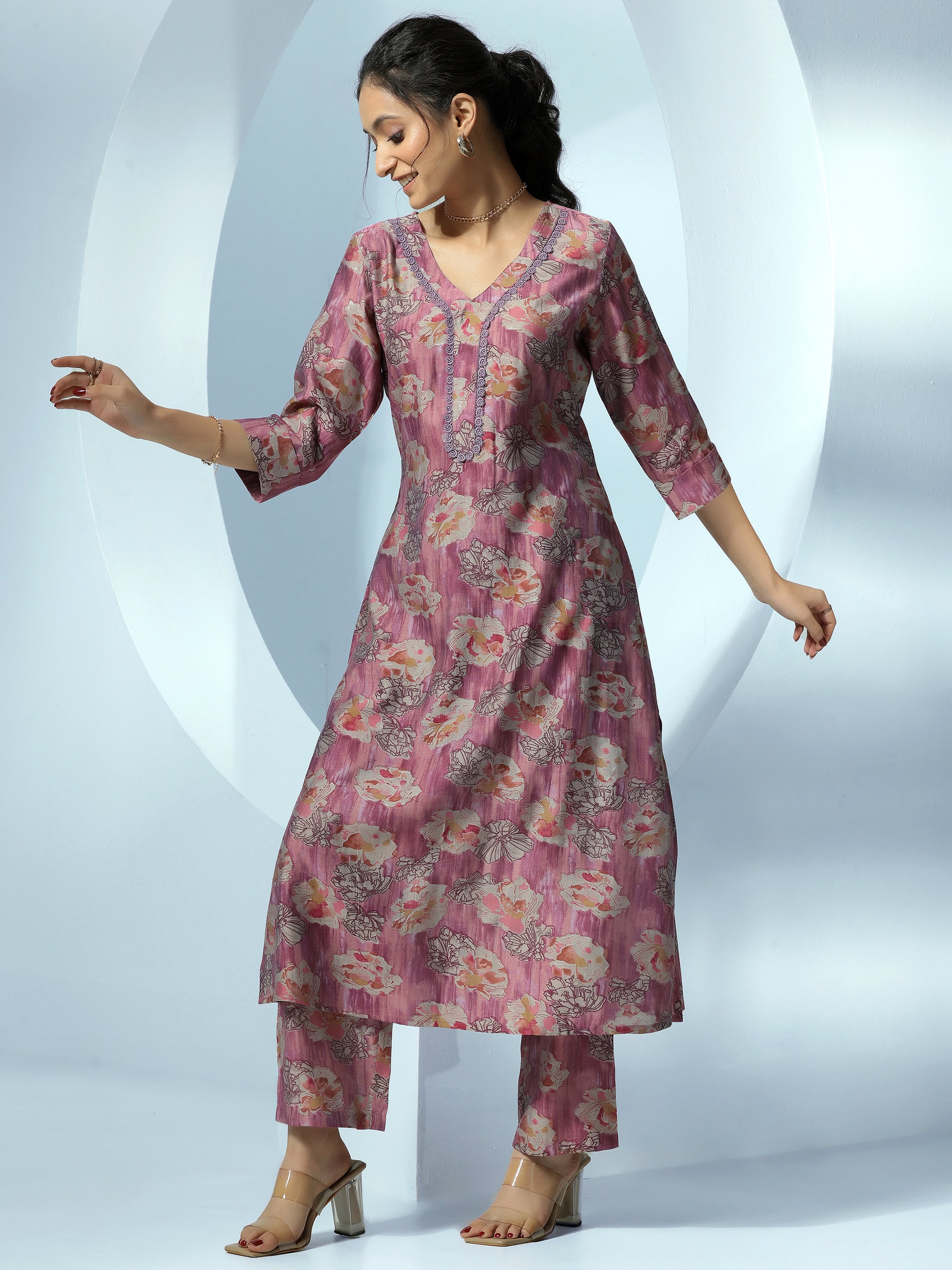 Mauve Printed Silk Blend Kurta Set