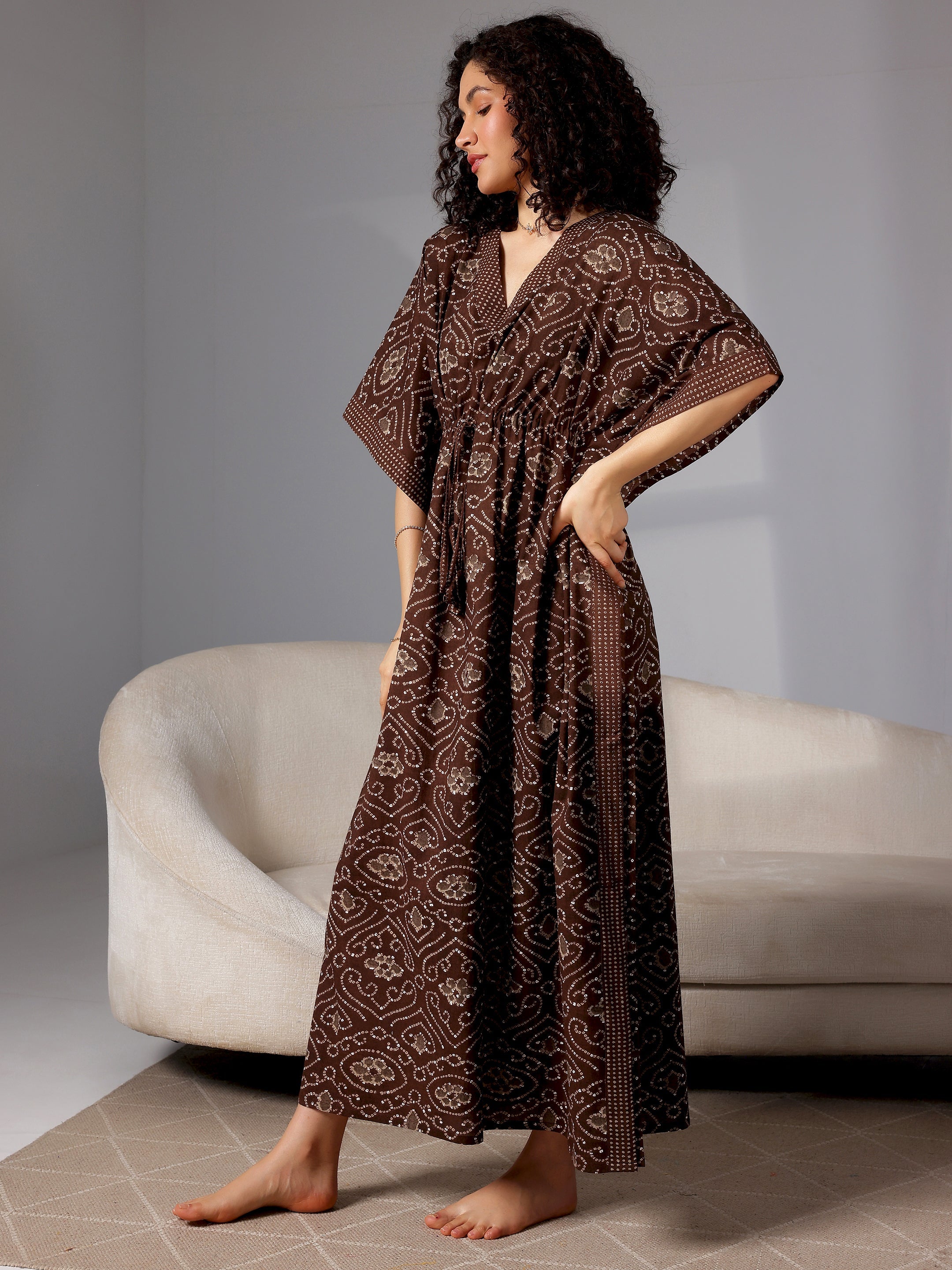 Brown Printed Cotton Kaftan Night Dress