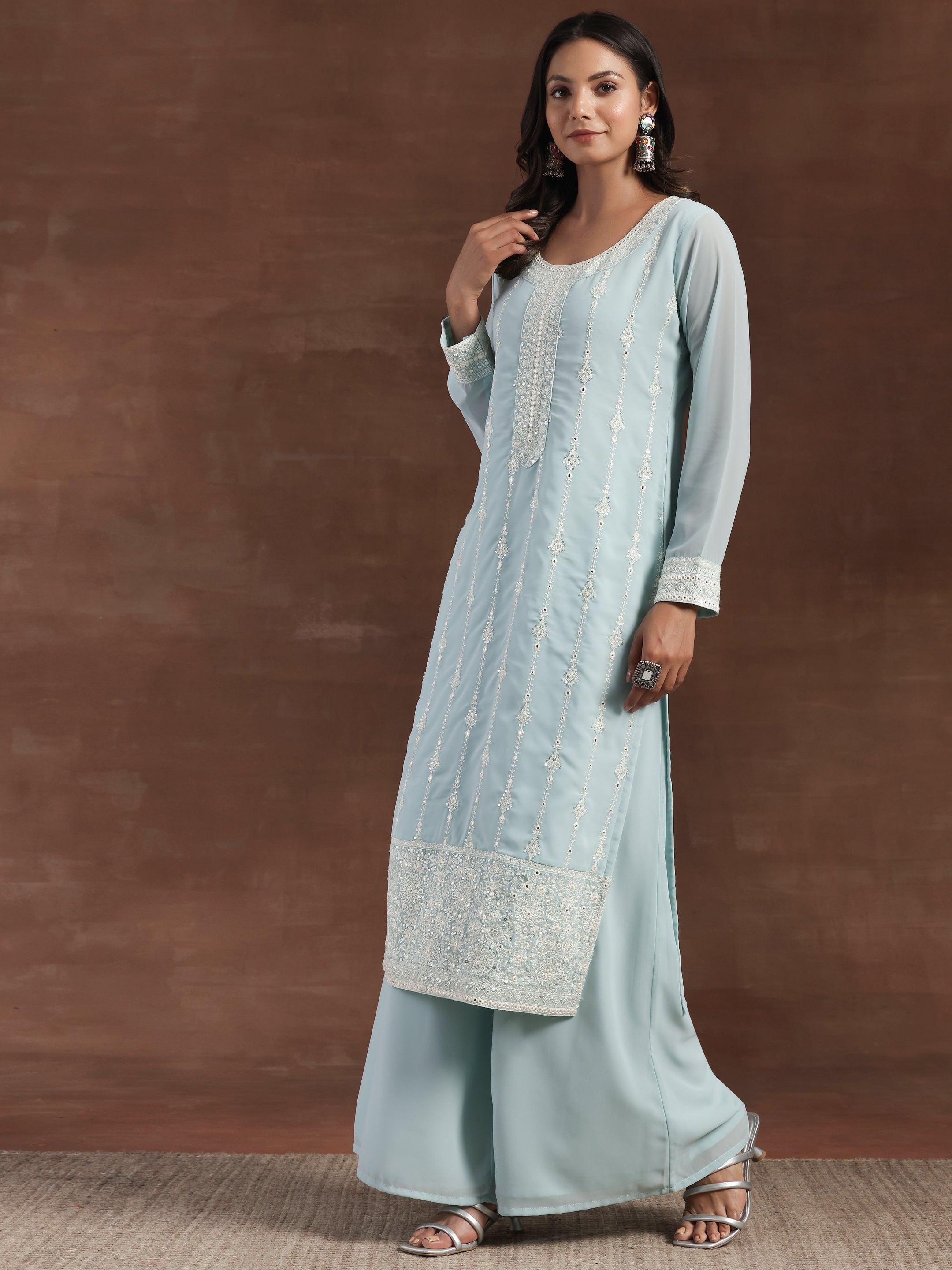 Blue Embroidered Georgette Straight Suit With Dupatta