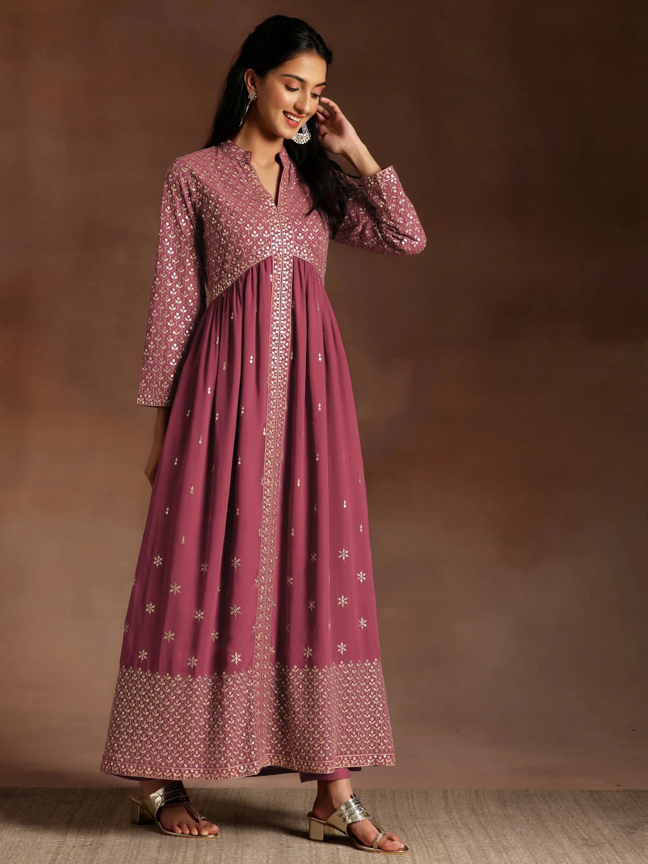 Chandni Mauve Embroidered Georgette A-Line Kurta With Trousers & Dupatta