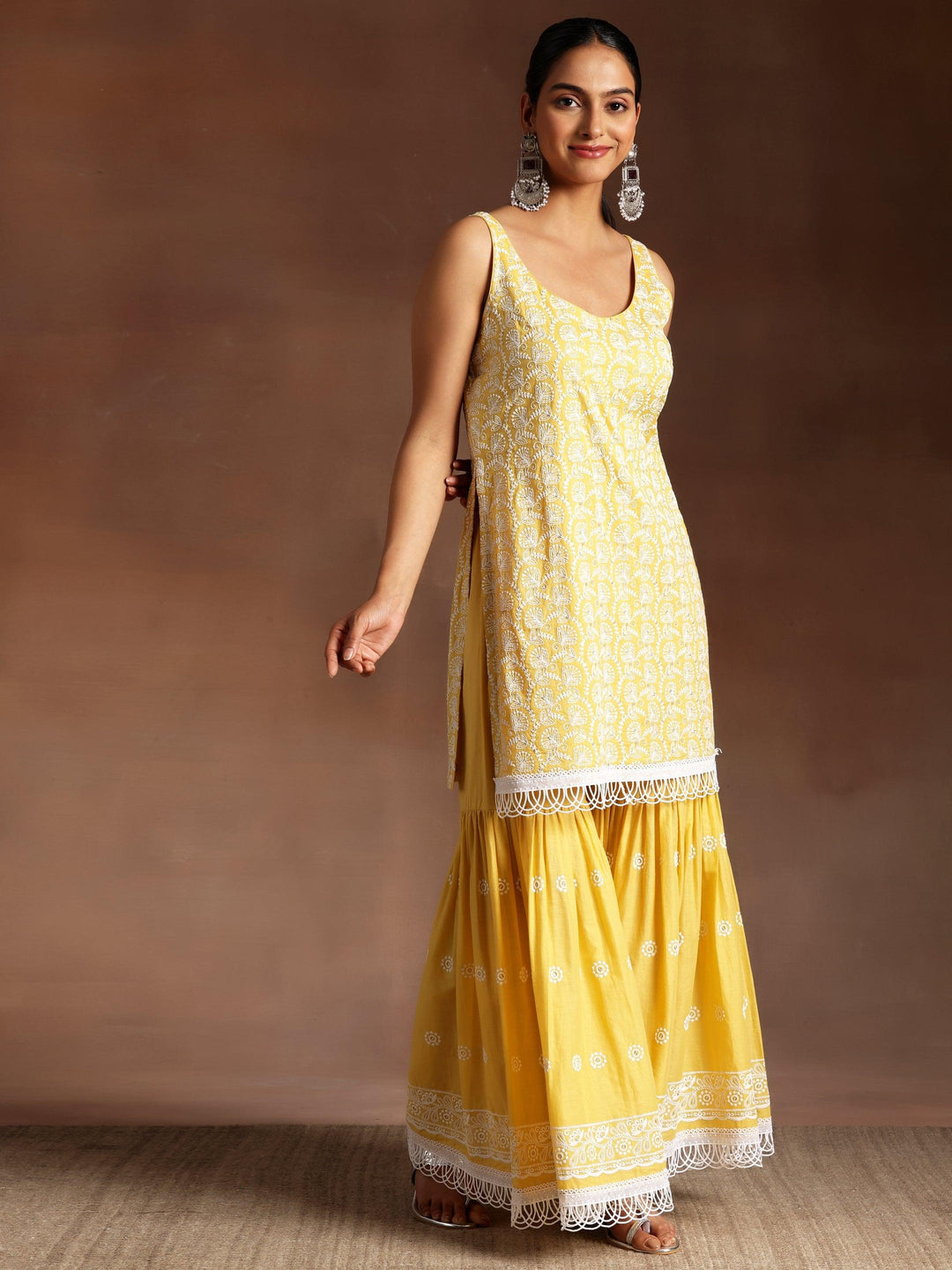 Surajmukhi Mustard Embroidered Cotton Straight Kurta With Sharara & Dupatta - ShopLibas