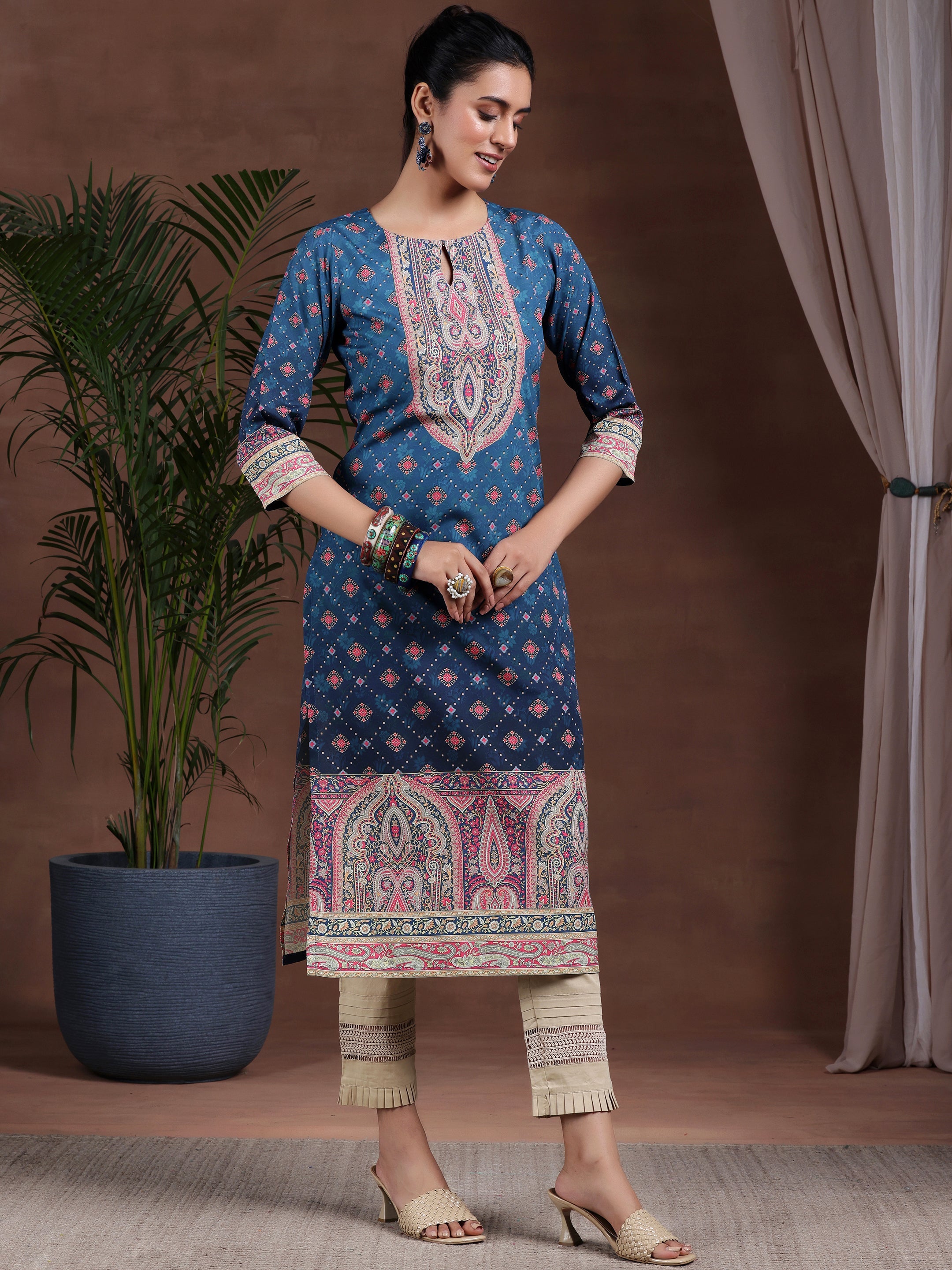 Blue Printed Crepe Straight Kurta