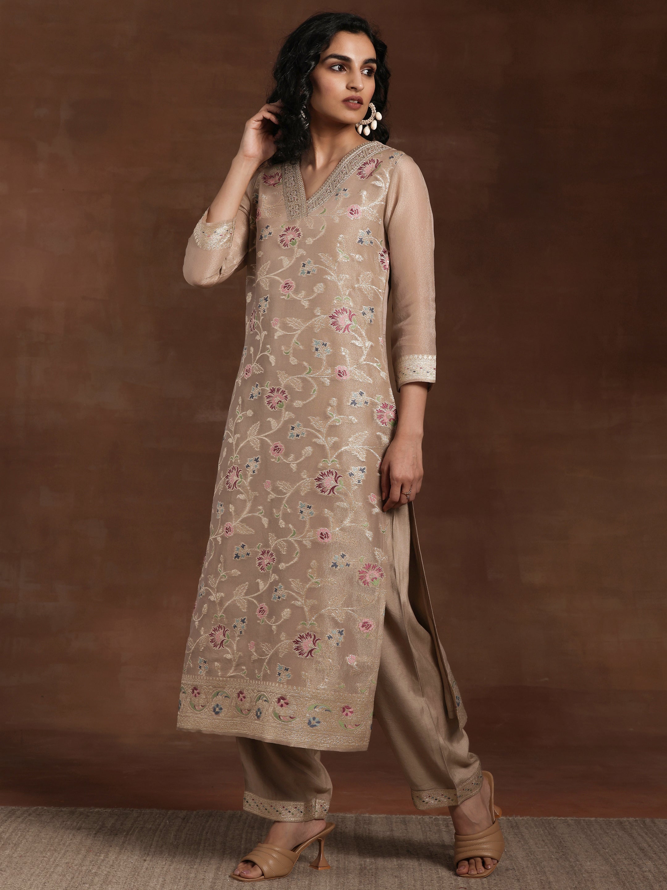 Brown Woven Design Chanderi Silk Straight Suit With Dupatta