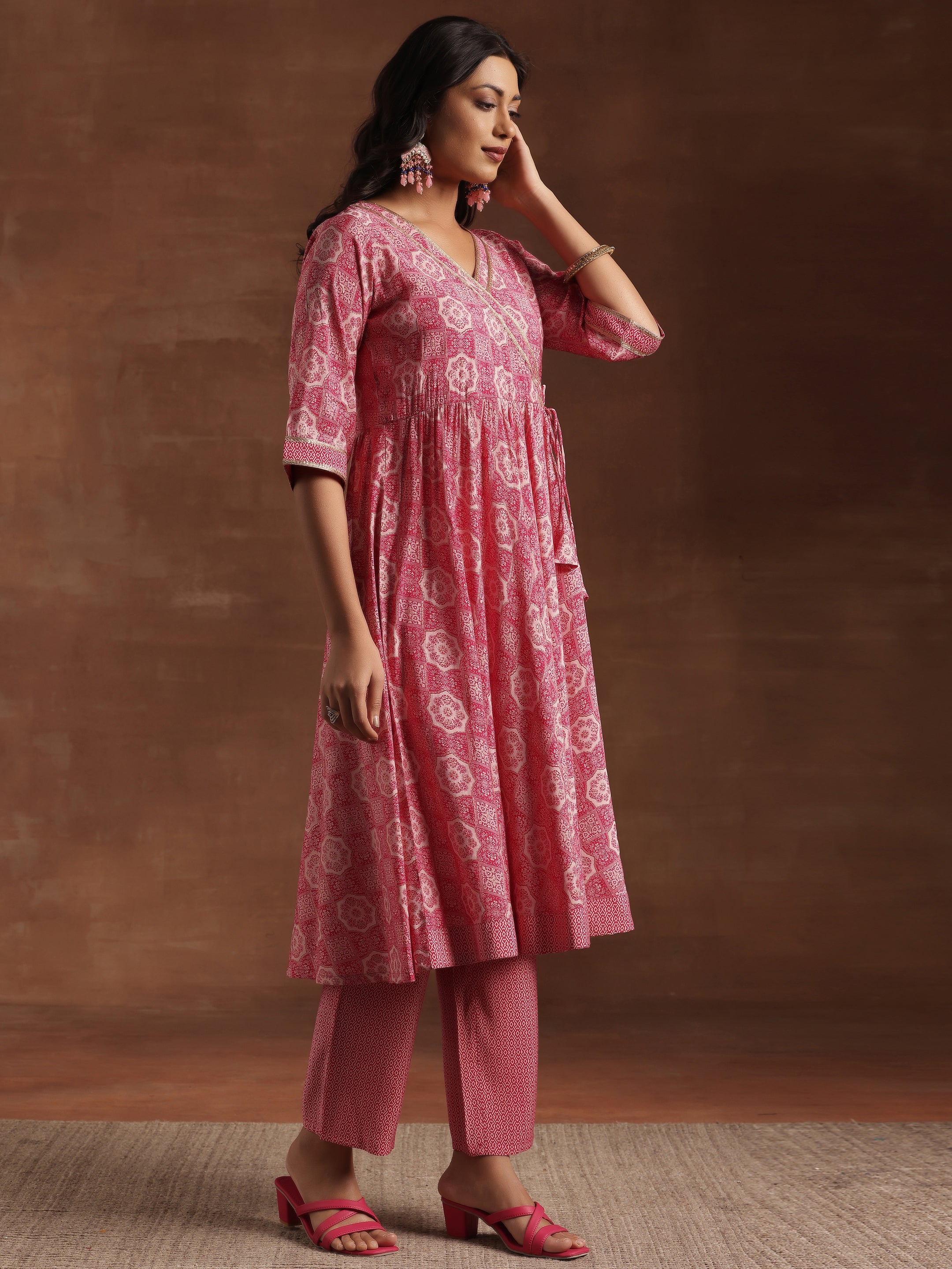 Pink Printed Silk Blend Anarkali Suit With Dupatta