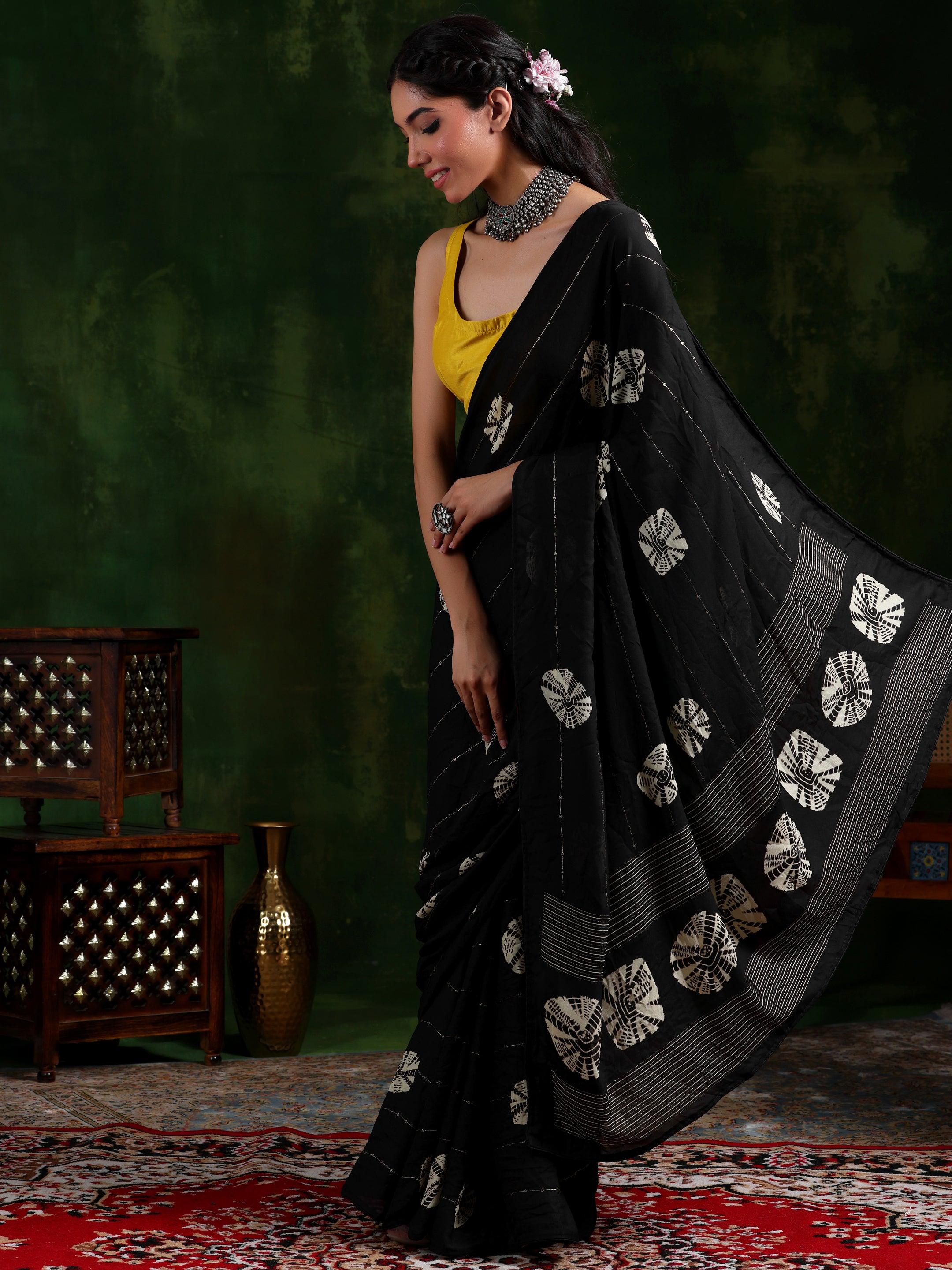 Black Printed Poly Chiffon Saree With Unstitched Blouse Piece